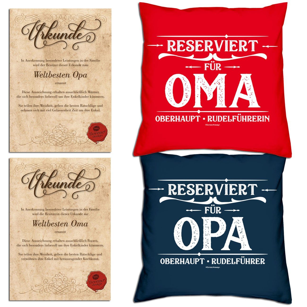 Omatag Opa Oma für Geschenkidee für Urkunden, Reserviert Kissen-Set rot Dekokissen Hochzeitstag Opatag Reserviert mit Soreso®