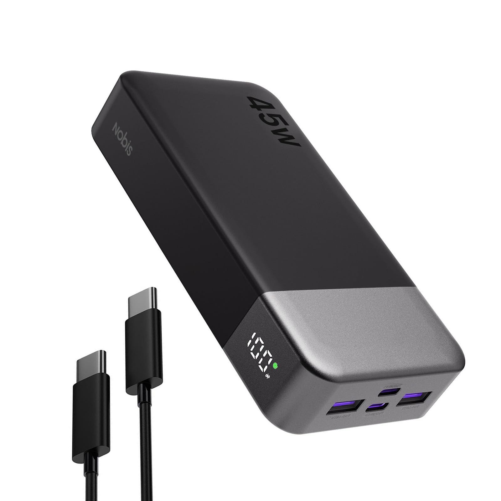 NOBIS 20000mAh 45W Externe Handyakkus Schnellladen iPhone Android Laptop Powerbank 20000 mAh, Externer Akku mit C zu C Kabel, Tragbares Ladegerät mit Digitalanzeige