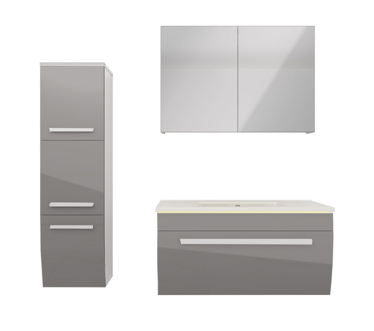 AcquaVapore Badmöbel-Set Badmöbel Set Gently 3 V2-L Weiß/Grau Badspiegel Waschtisch 80 cm