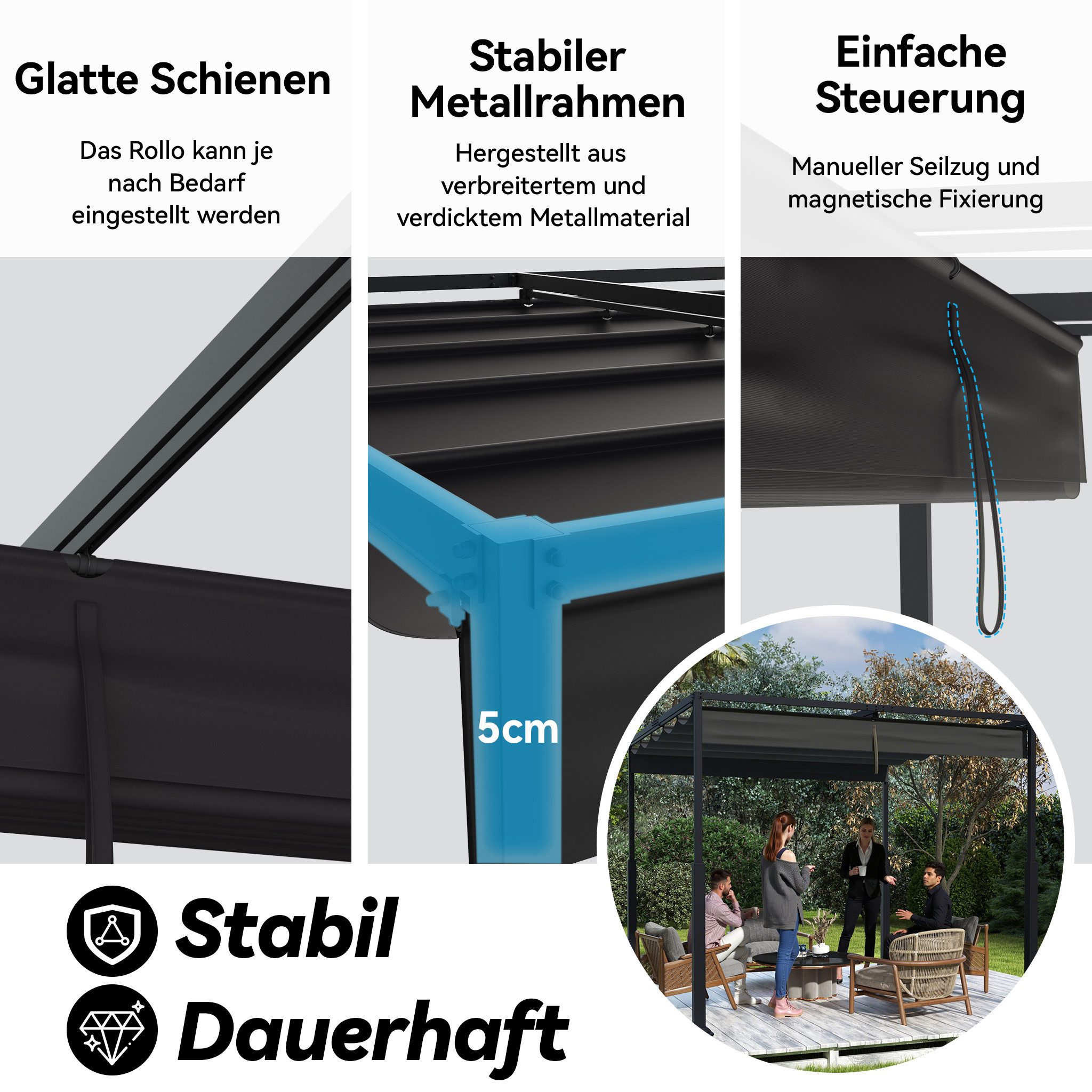 FIVMEN Pergola Gartenpavillon mit Schiebedach Terrassendachung aus Metall