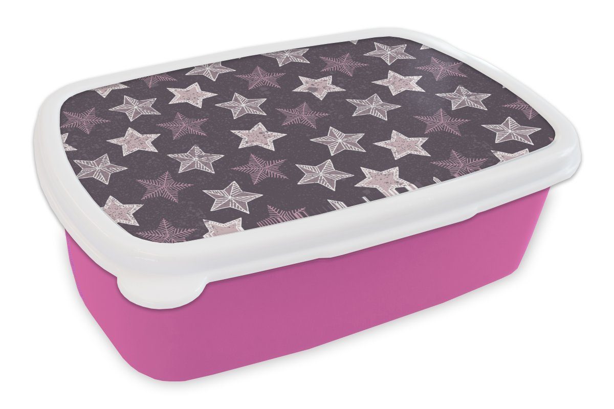 MuchoWow Lunchbox Muster - Weihnachten - Sterne, Kunststoff, (2-tlg), Brotbox für Erwachsene, Brotdose Kinder, Snackbox, Mädchen, Kunststoff rosa