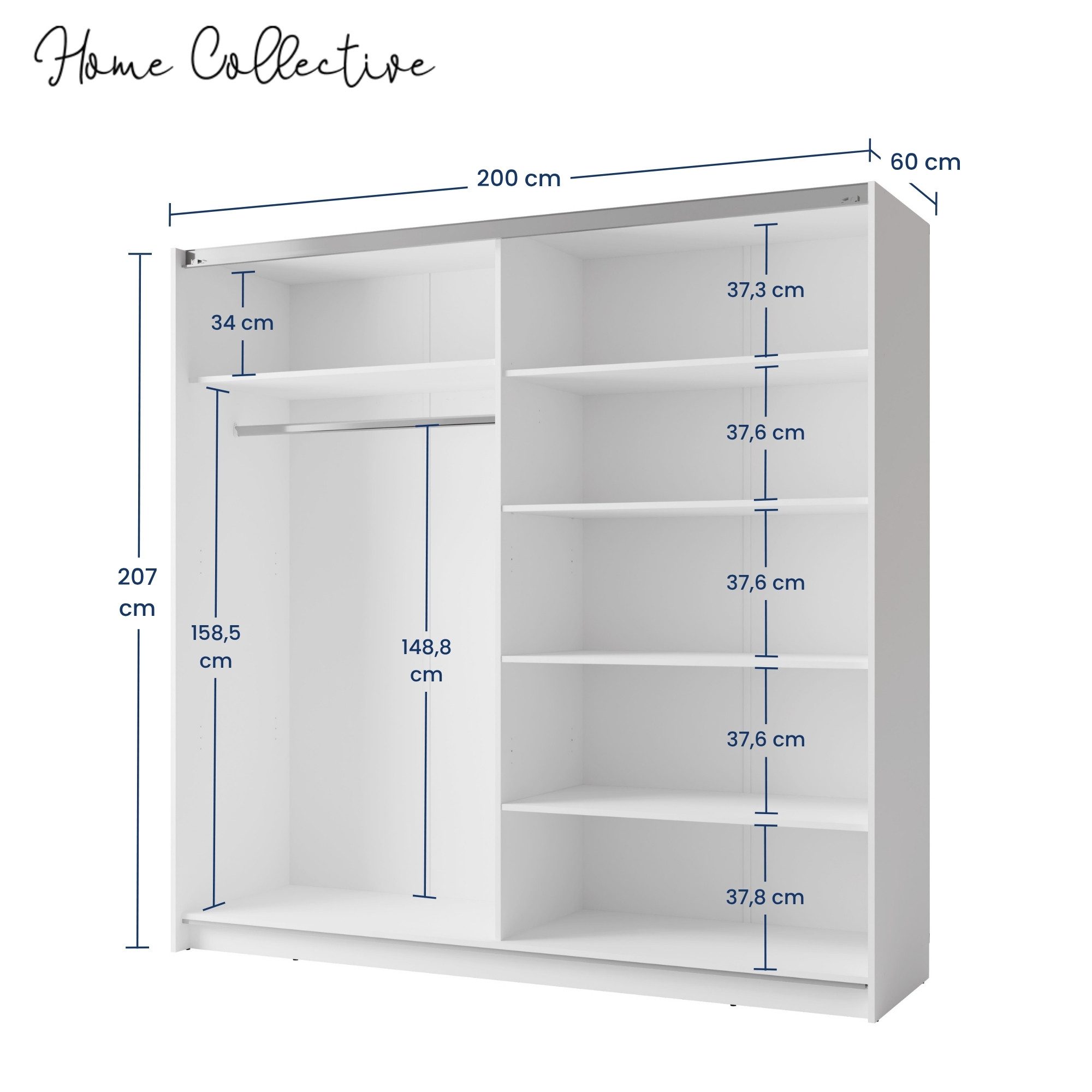 Home Collective Schwebetürenschrank Kleiderschrank Schlafzimmerschrank Garderobe wahlweise mit Spiegel (Maße B/H/T: 200,6 x 207 x 60 cm) 5 Böden & Kleiderstange für viel Stauraum, Weiß
