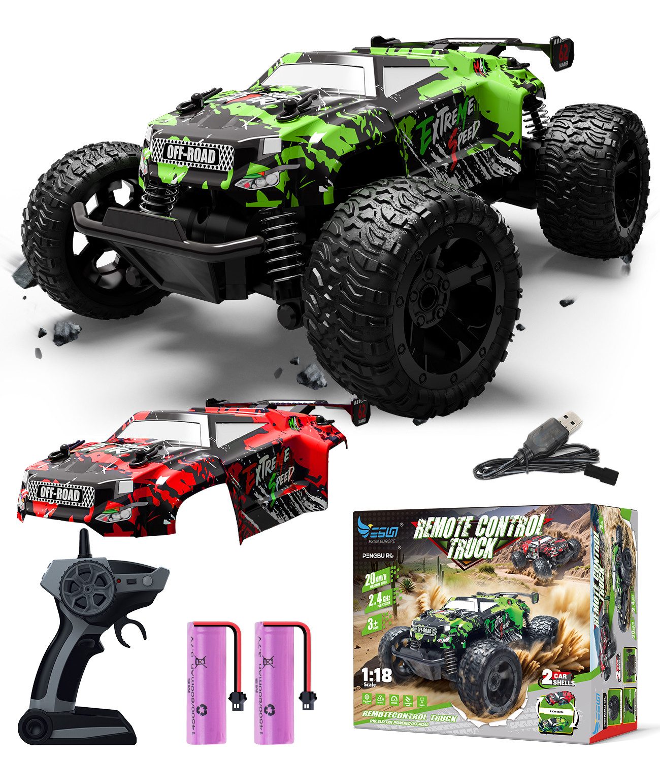 Esun RC-Auto Ferngesteuertes Auto Kinder ab 4 5 6 Jahre,1:18 RC Auto Doppelschale (Set, Komplettset), Fernsteuerung Auto Geschenke