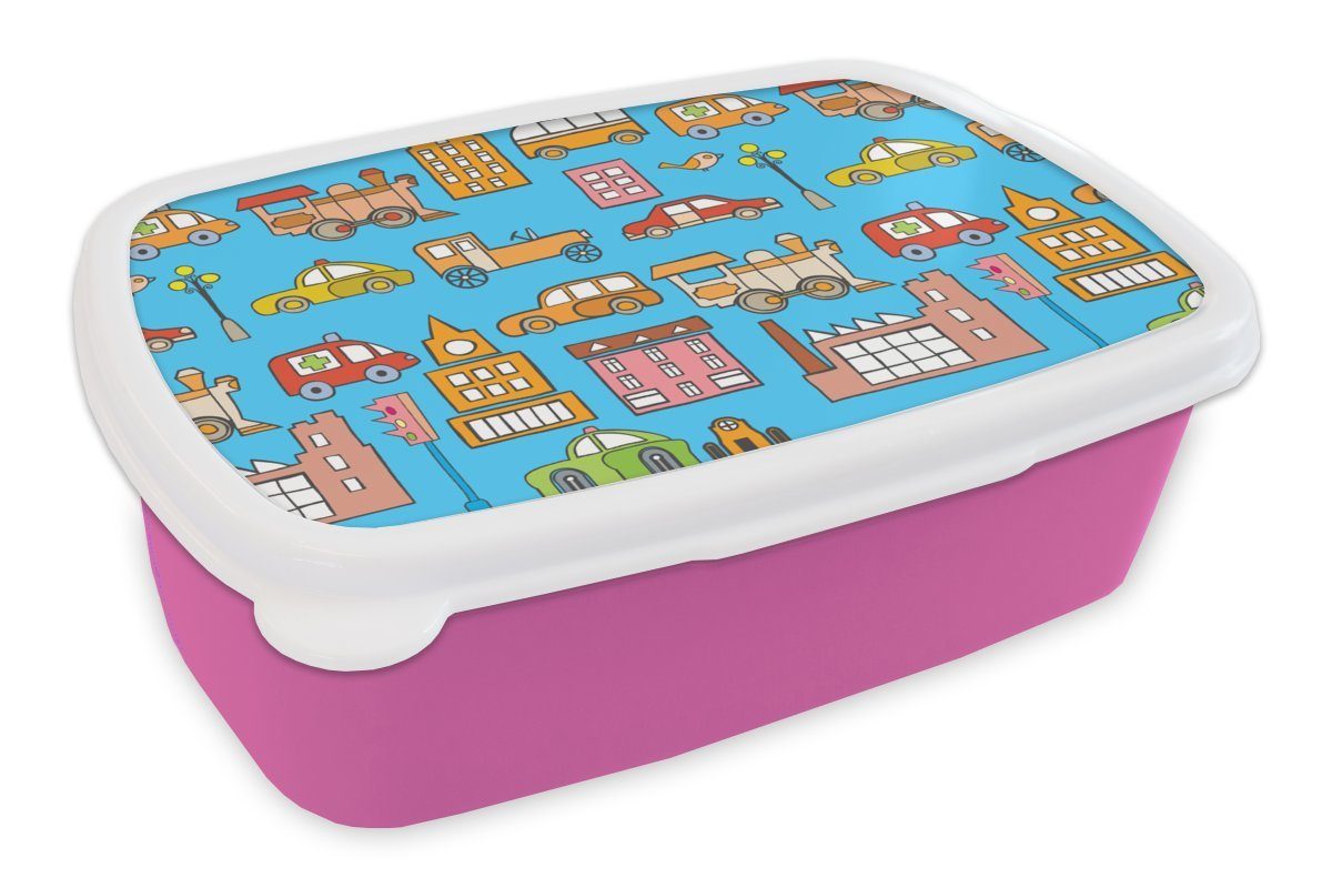 MuchoWow Lunchbox Muster - Auto - Haus, Kunststoff, (2-tlg), Brotbox für Erwachsene, Brotdose Kinder, Snackbox, Mädchen, Kunststoff rosa