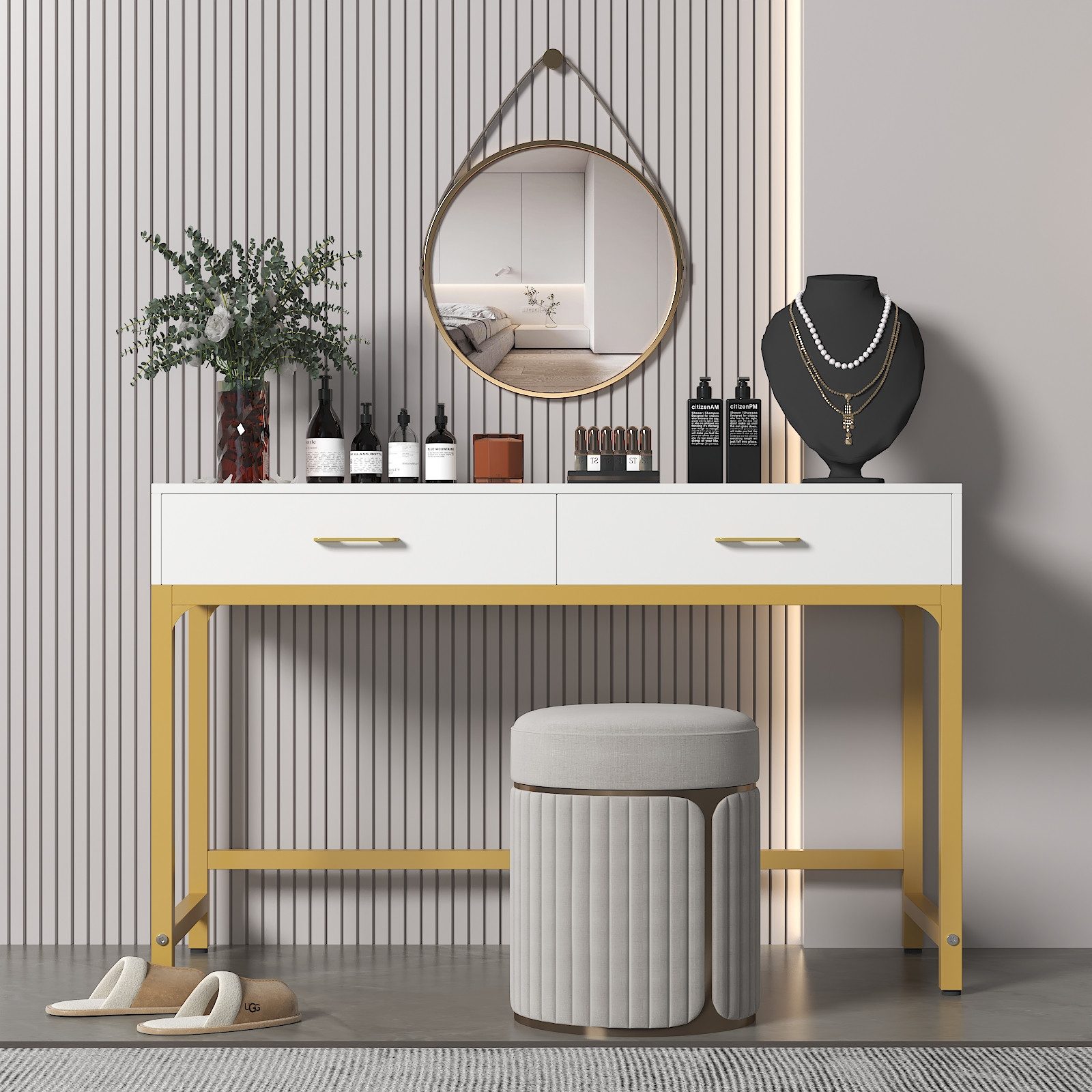 OYRREU Konsolentisch mit 2 Schubladen & Monitorständer, Breite 100 cm (goldfarbenes Metallgestell, modern, Schreibtisch 1 Set, Beistelltisch mit Aufbewahrung, Arbeitstisch), Wohnzimmer, Büro, Flur, Sideboard Tisch