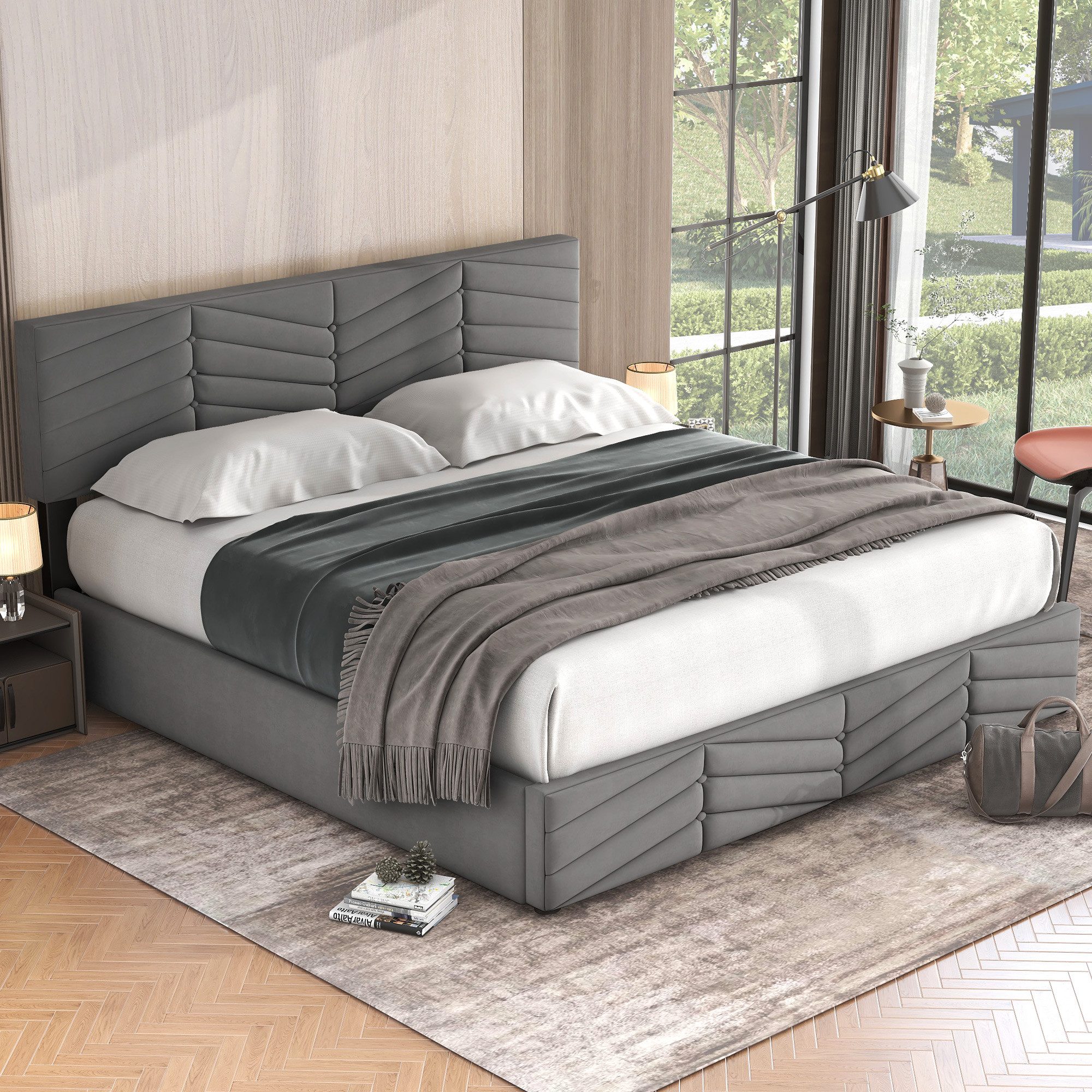 OKWISH Polsterbett Doppelbett Stauraumbett (Hydraulisches Doppelbett 180x200cm Samt Inklusive Matratze), Continentalbett,höhenverstellbares Kopfteil Allgemeine Daten