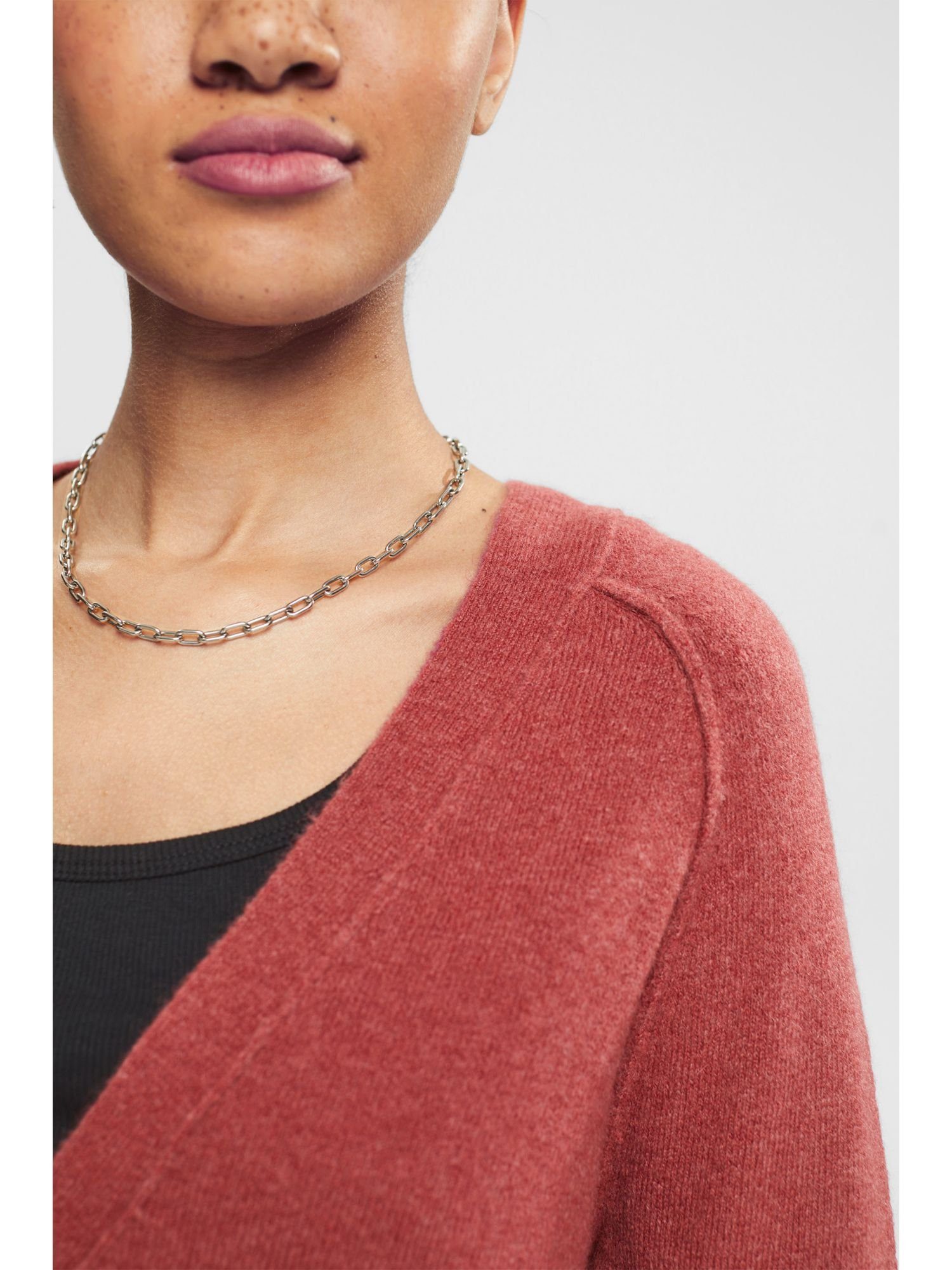 Esprit Wolle: V-Ausschnitt TERRACOTTA mit (1-tlg) Mit Cardigan Strickjacke