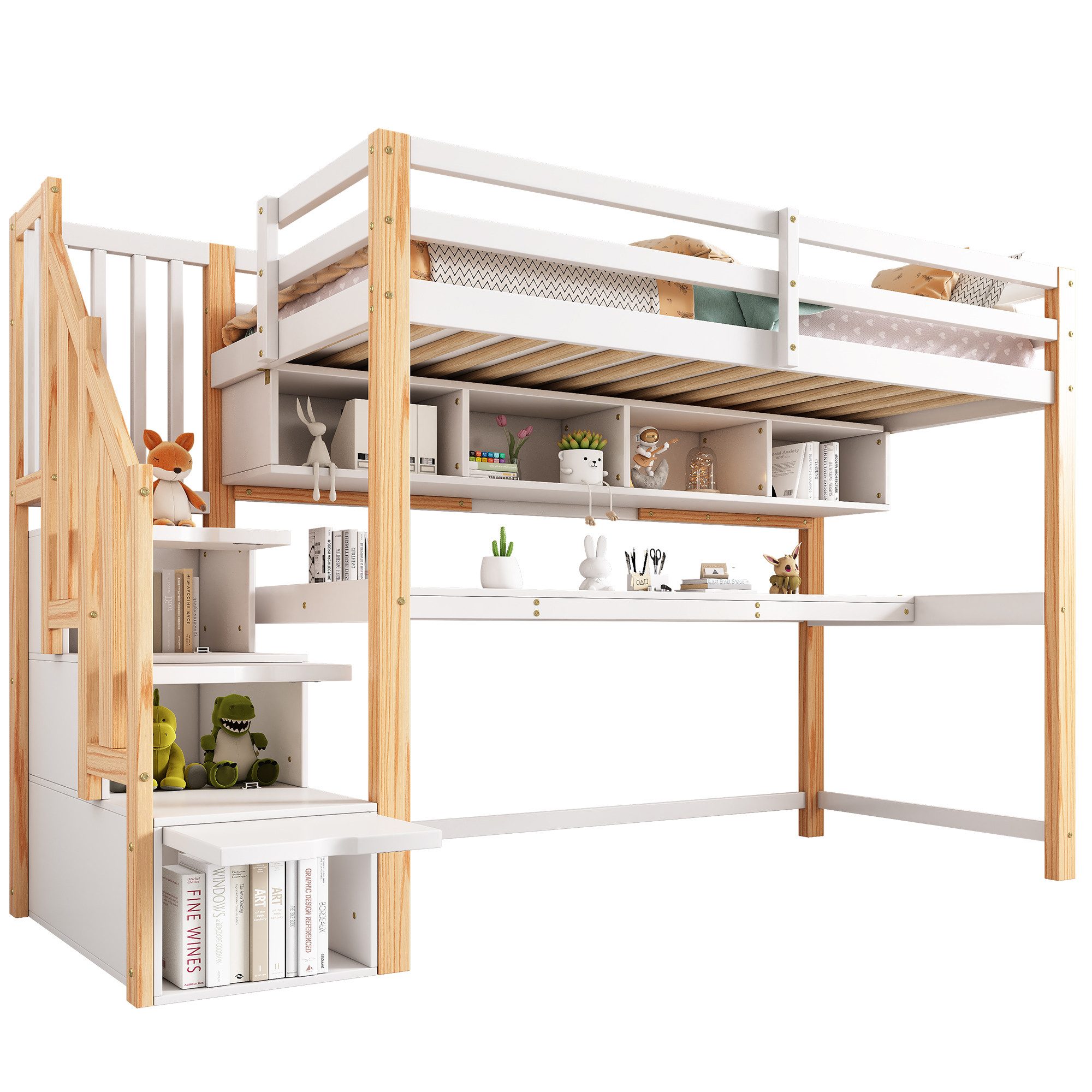 Flieks Hochbett Kinderbett mit Regale, Schreibtisch und Stauraumtreppe 90x200cm