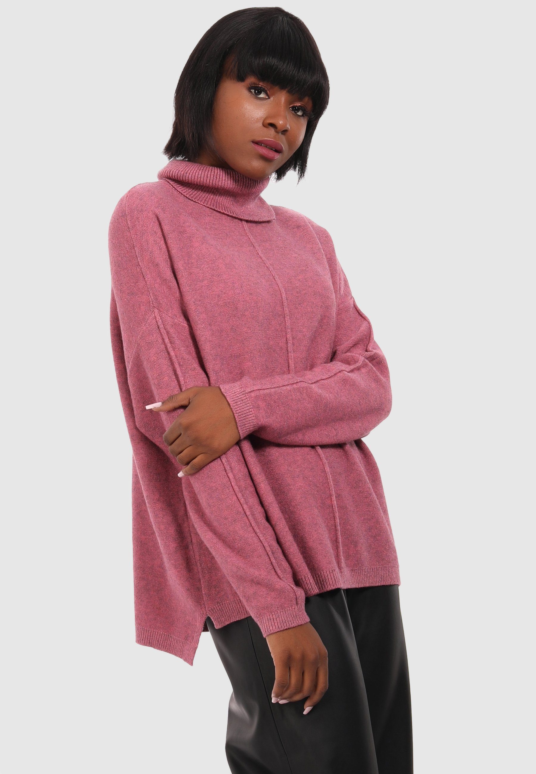 & (1-tlg) Fashion Style Size aus Rollkragenpullover Feinstrick Optik Oversized Pullover melierter in YC altrosa One
