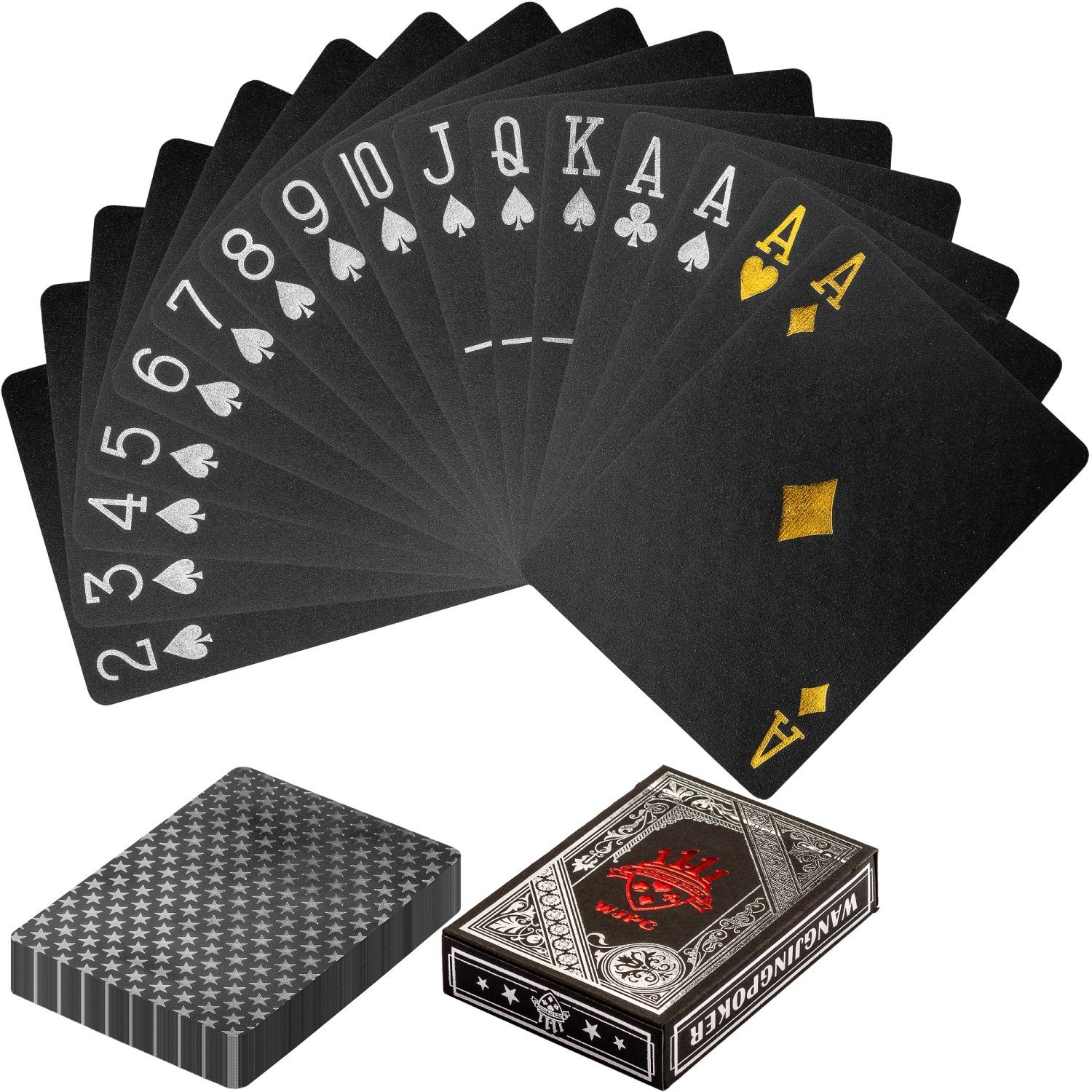 GAMES PLANET Spielesammlung, Games Planet® Design Pokerkarten aus Kunststoff, Varianten: Gold / Black Gold / Black Silver, Poker Plastik Spielkarten Schwarz - Silber