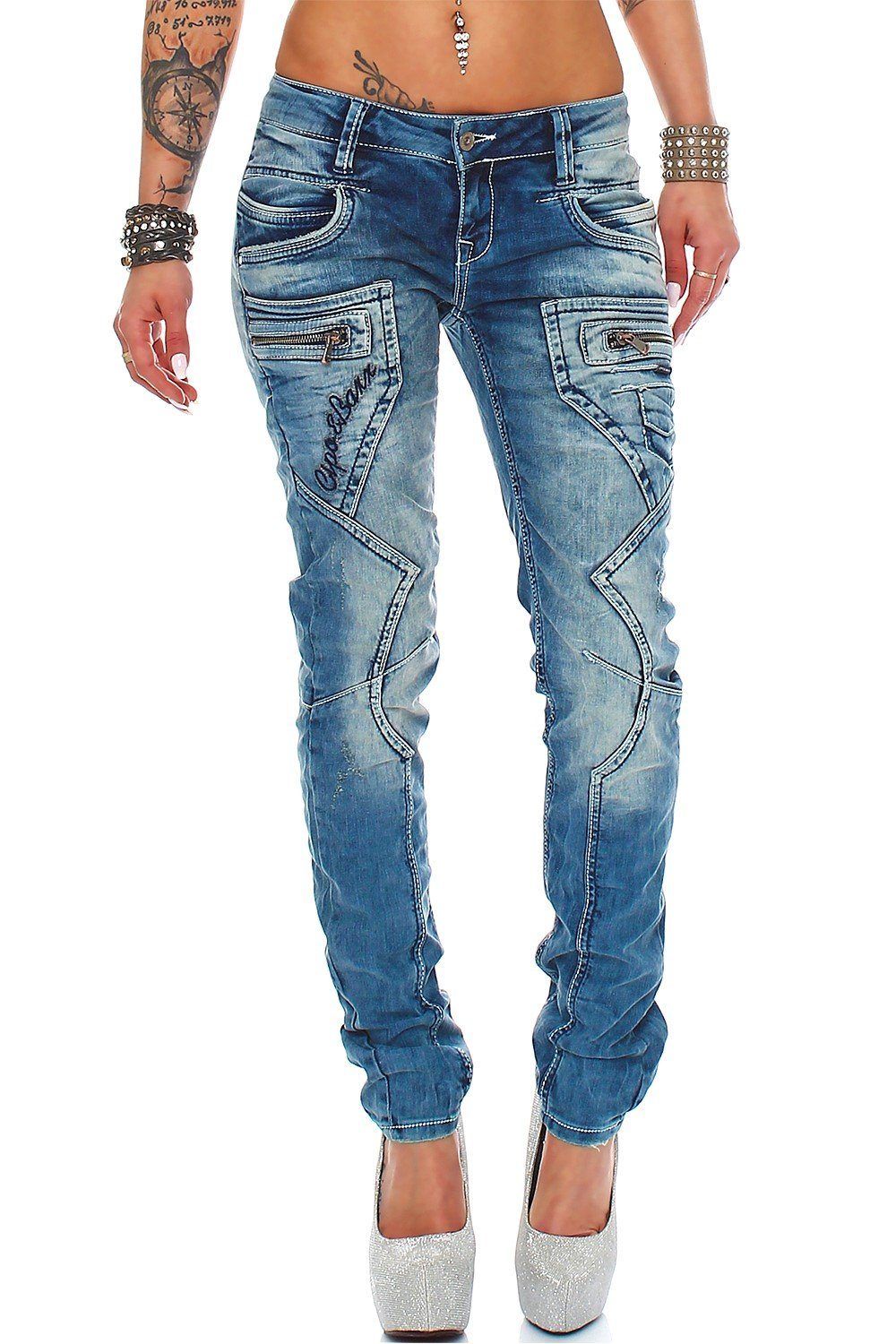 Cipo & Baxx Slim-fit-Jeans Low Waist Hose BA-WD322 im Biker Style mit Zippern und Ziernähten