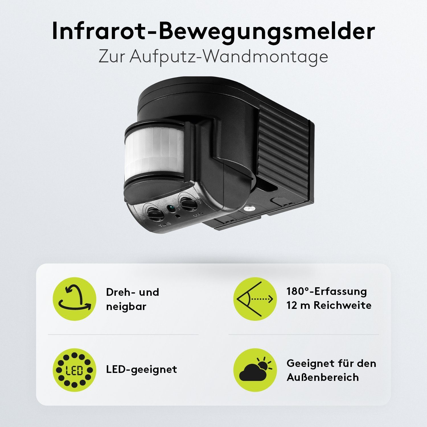 Goobay Bewegungsmelder Außenbereich Infrarot Melder mit 180 Grad PIR Sensor, (300 W / Schraubklemmen), 12m Reichweite, Aufputz Wandmontage, Schwarz