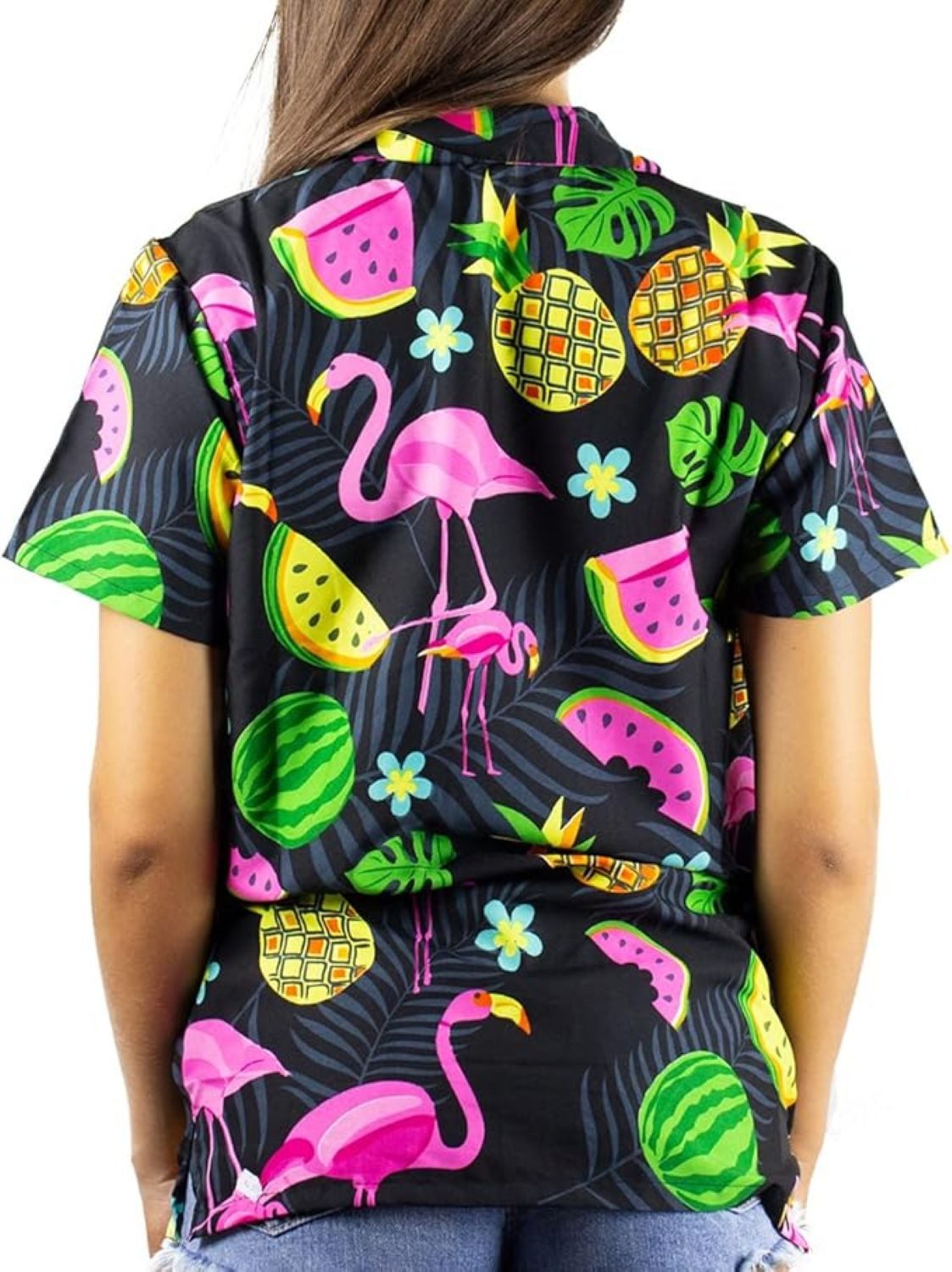 King Kameha Hawaiihemd Flamingo Melone Funky Hawaiibluse Damen Kurzarm Front-Tasche Stylish
