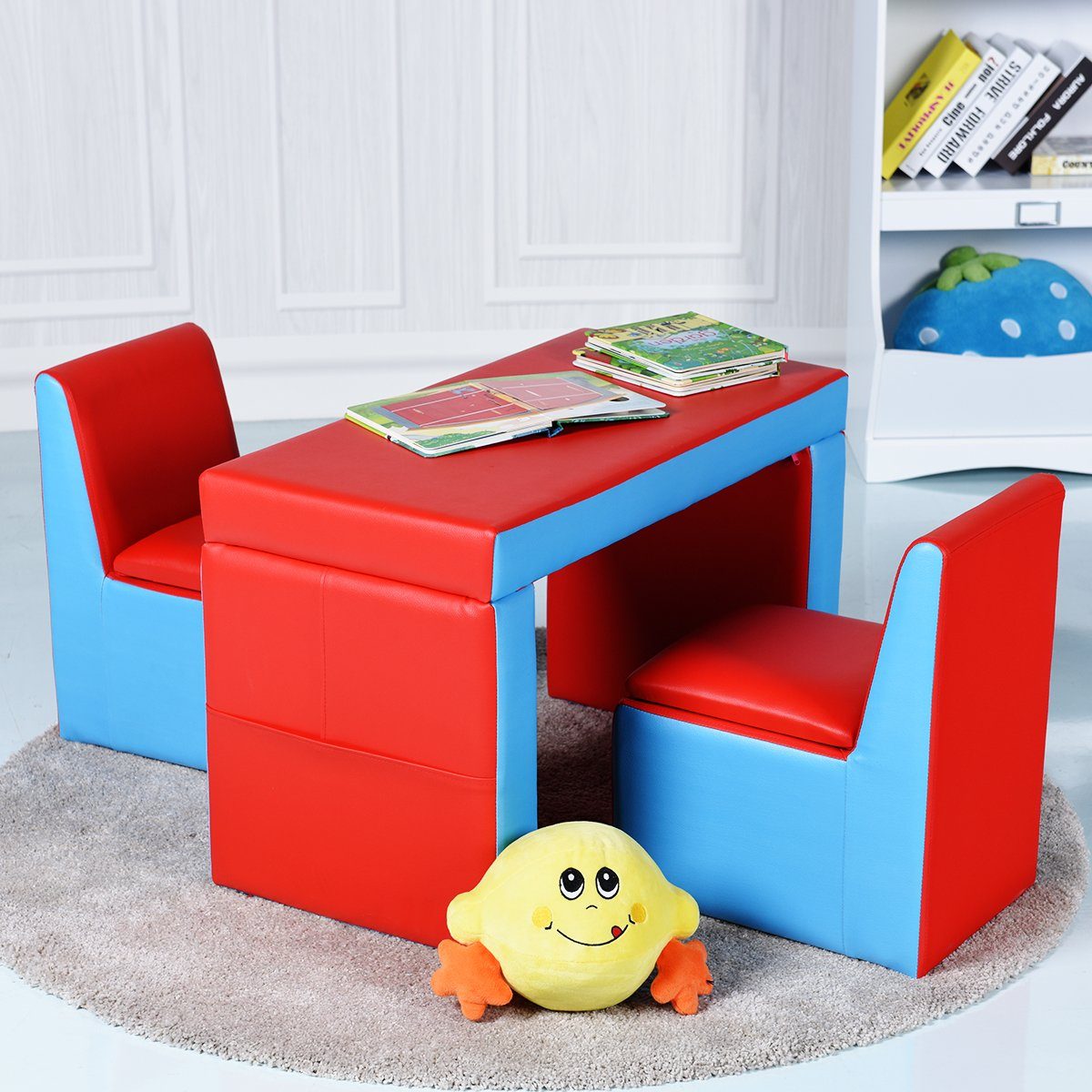 Kindersofa, mit in 1 2 COSTWAY Rot Stauraum, Stühlen Kindertisch umwandelbar mit 2