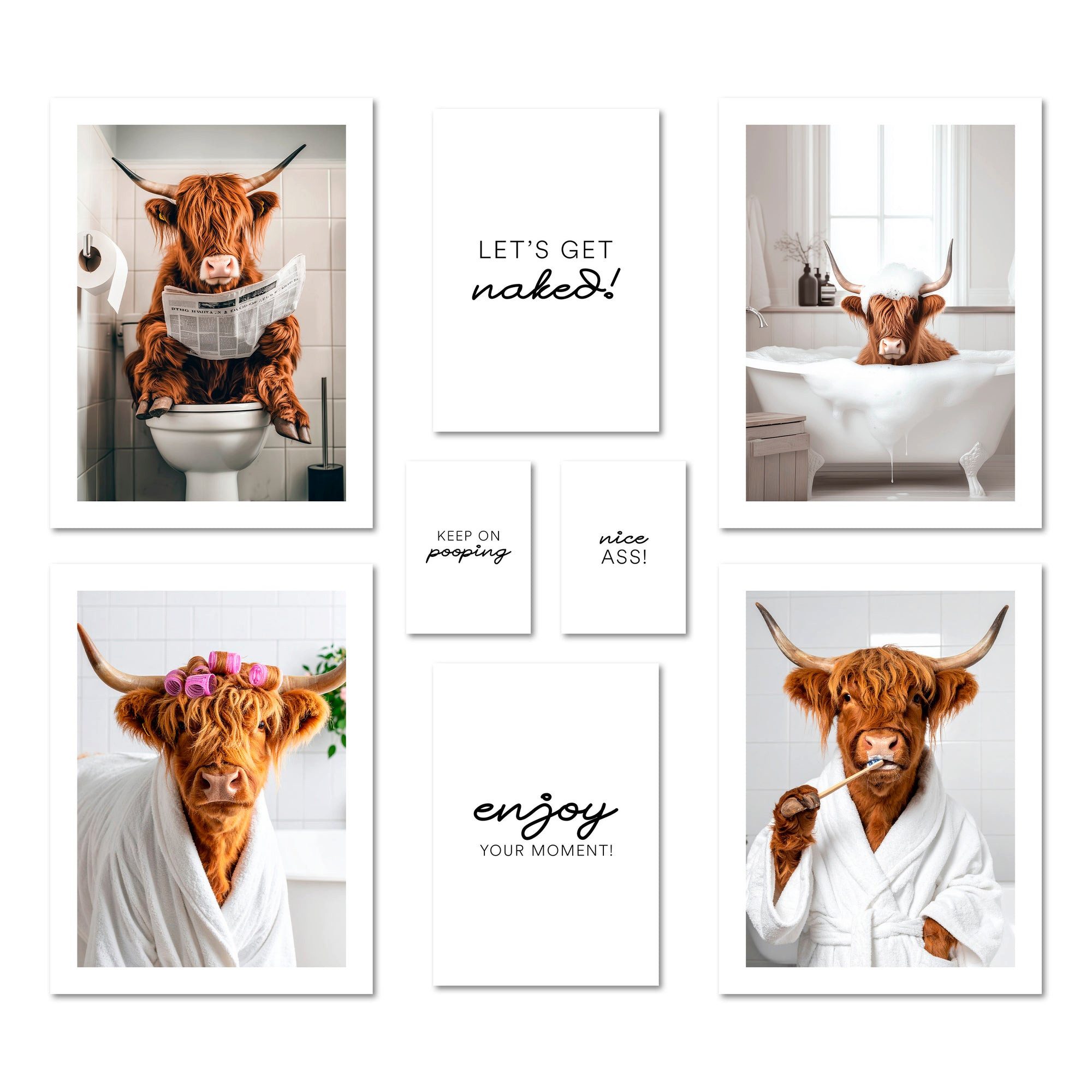 ARTFAVES Bilder-Collage Poster Set - FUNNY BATHROOM I Badezimmer Wandbilder witzige Kuh Hochla, (Wandbilder modern, 8 St)