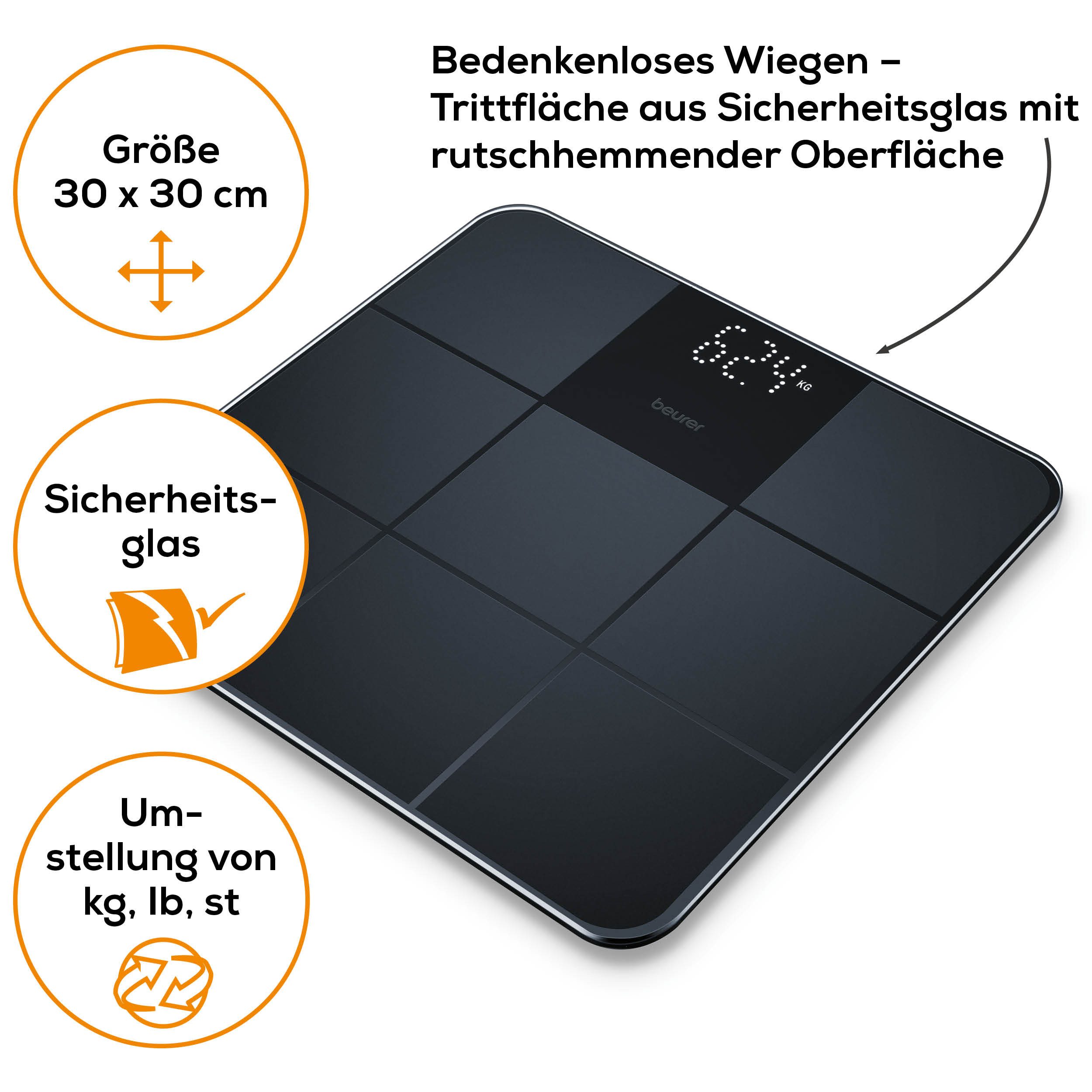 BEURER Personenwaage GS 235 Glaswaage mit Magic-LED Display - erscheint nur bei Messung, Elegante Oberfläche mit matter Fliesenstruktur, Tragkraft bis 180 kg