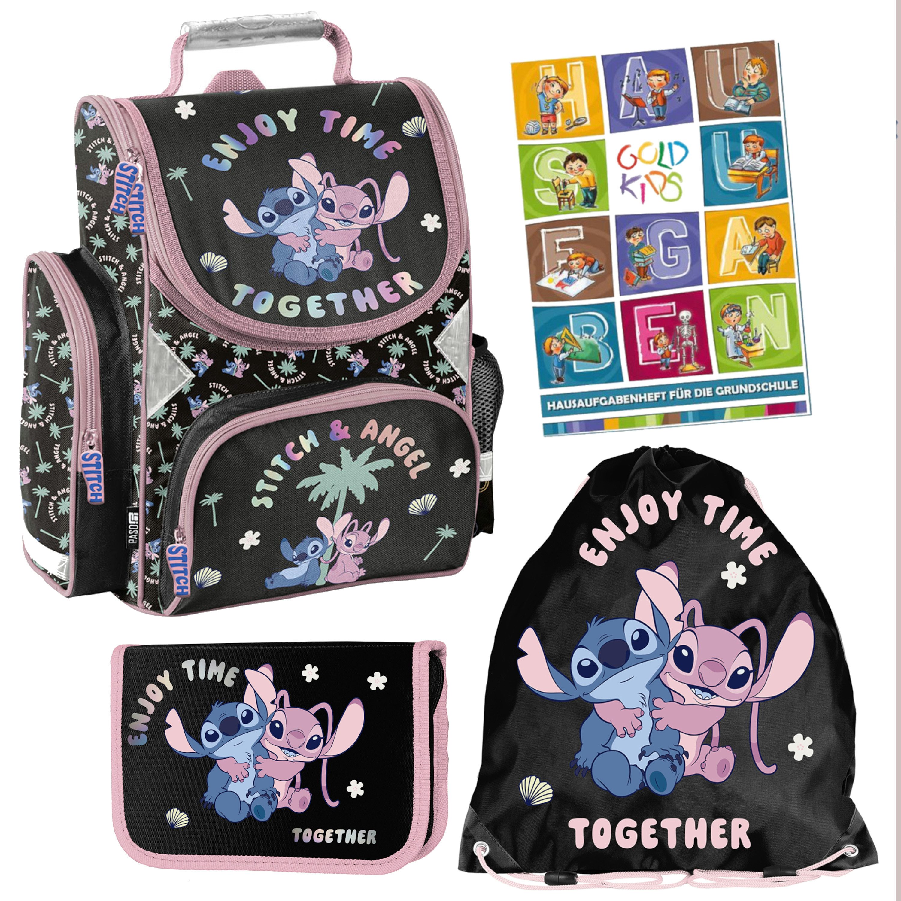 GOLDKIDS Schulranzen für Jungen und Mädchen (4er-Set - Schul-Rucksack für, 1-tlg., Kinder mit Federmäppchen - Schuhbeutel), - Stitch Motiv- 1-3 Klasse