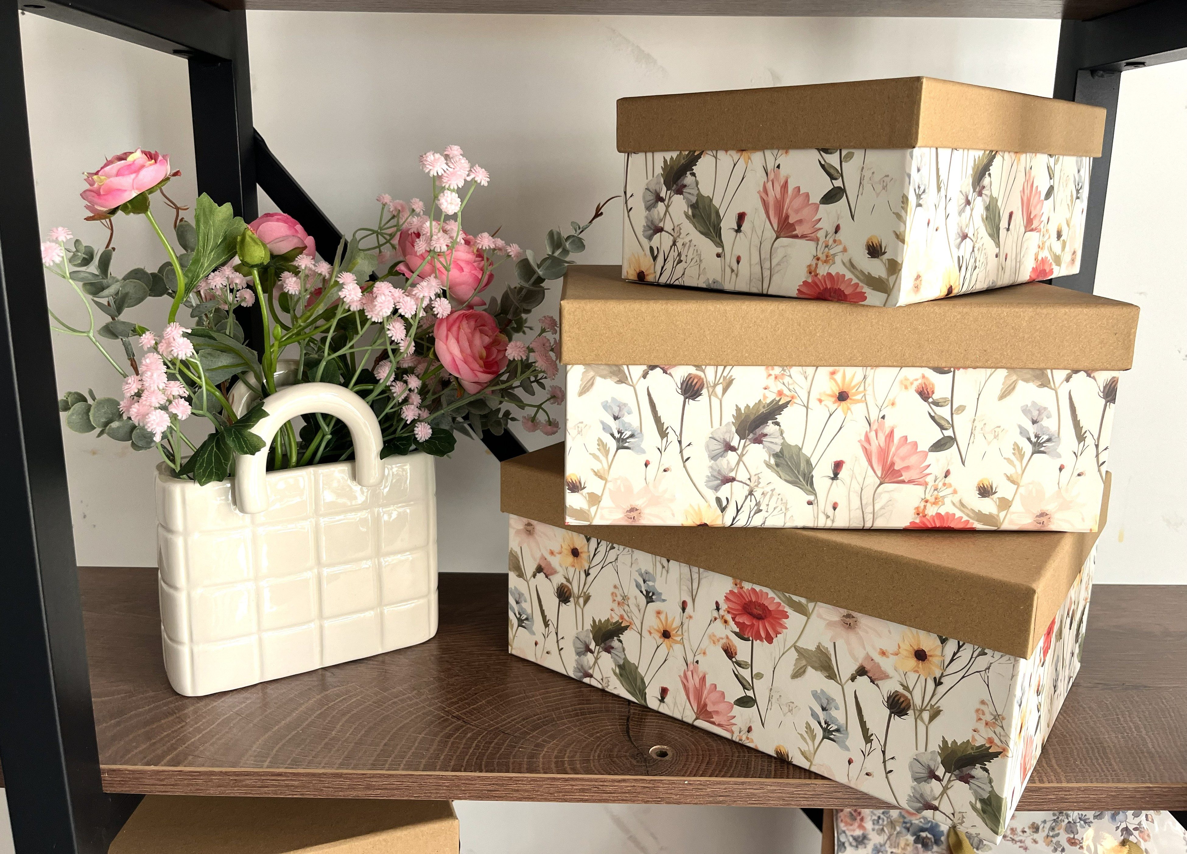 PapeRoom Geschenkbox 3er Set - Blumenwiese - naturbraun mit Blumenmuster - rechteckig