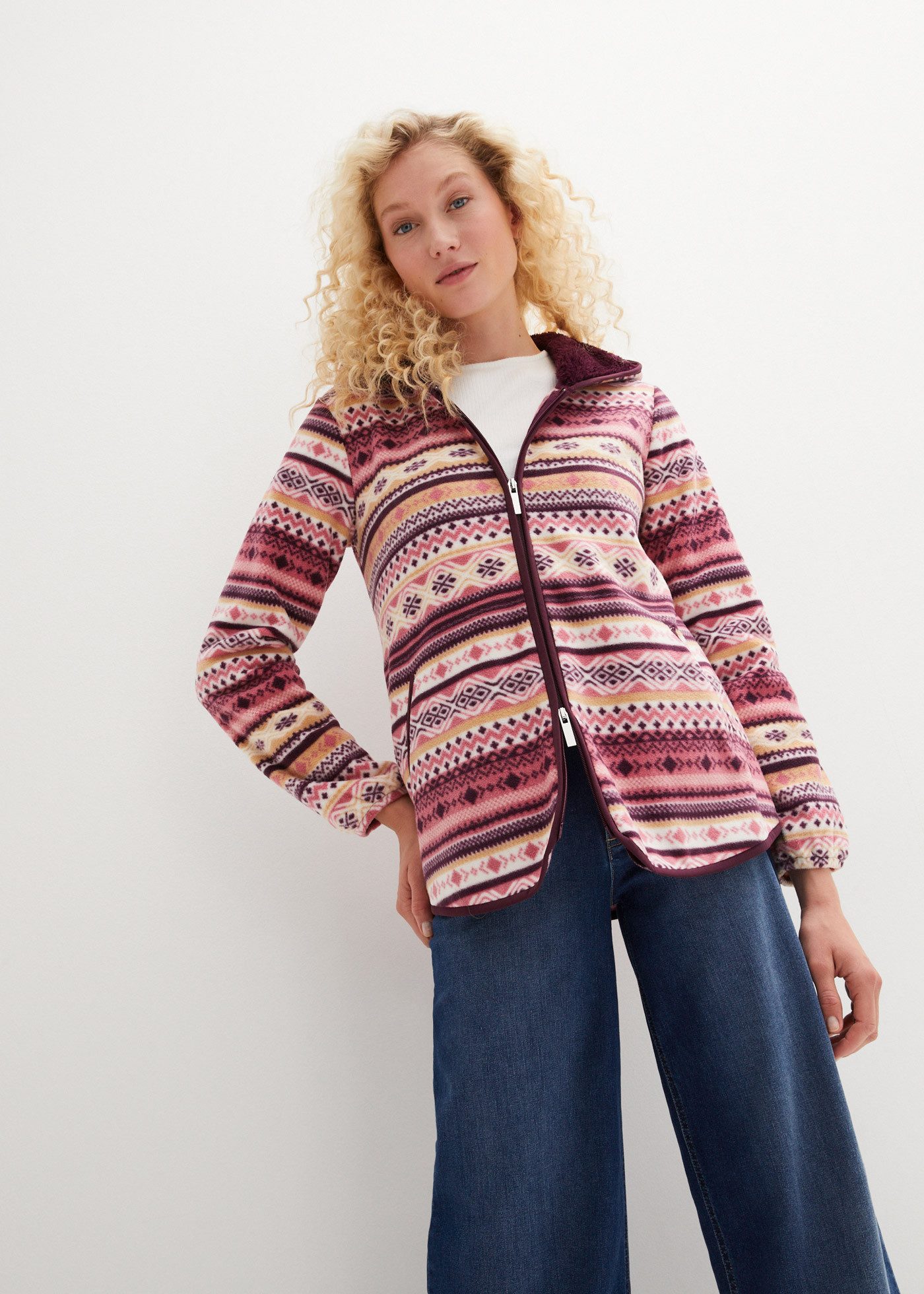 bonprix Fleecejacke mit Norweger-Muster, mit Kapuze, kuscheliges Material