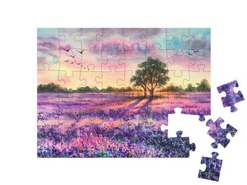 puzzleYOU Puzzle Aquarell: Sonnenuntergang über einem Lavendelfeld, 48 Puzzleteile, puzzleYOU-Kollektionen Natur, Jahreszeiten, Himmel & Jahreszeiten