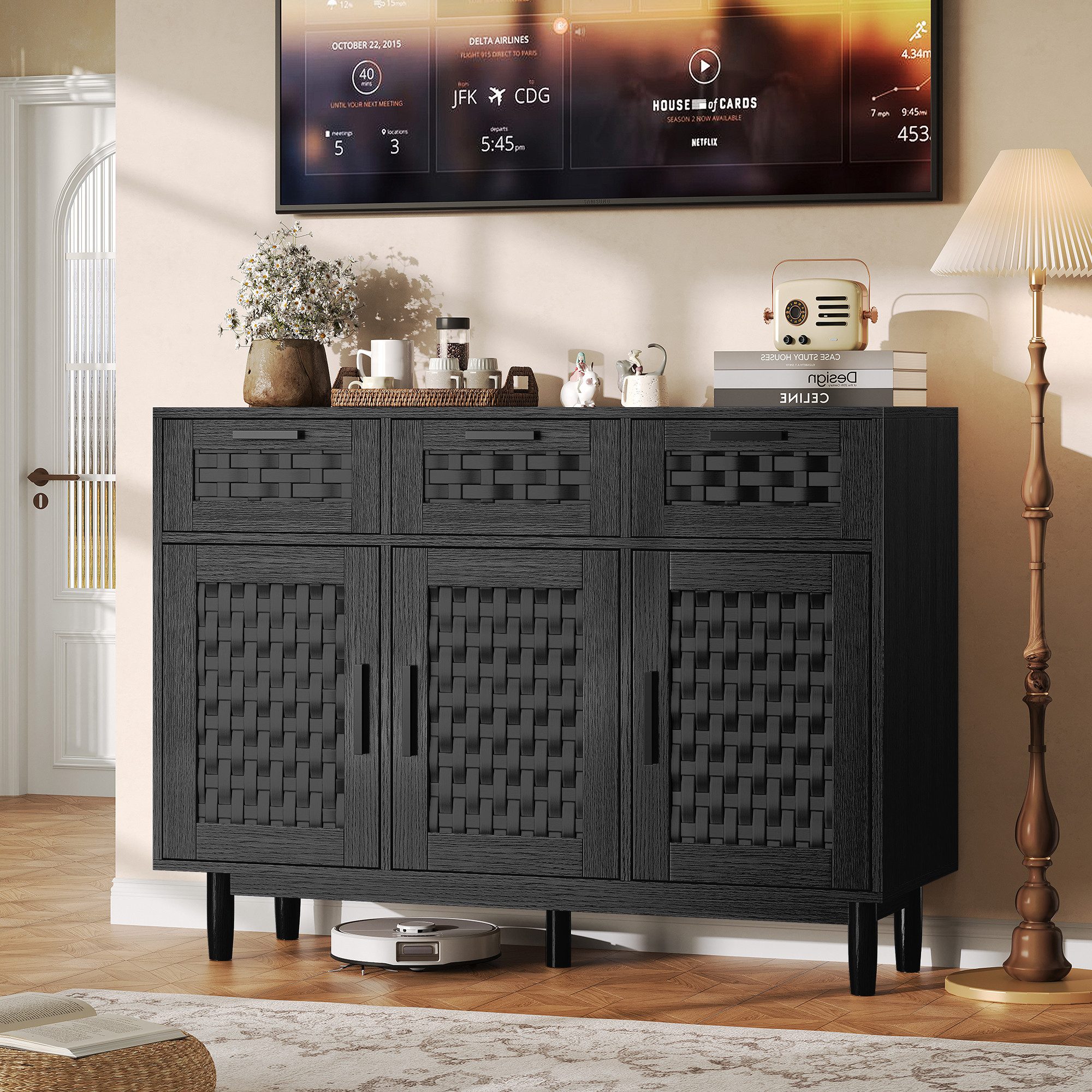 zebery Kommode Sideboard Buffetschrank aus Rattan, Holzbeine (Set, 1 St., Anrichte Küchenschrank mit 3 Schubladen und 3 Türen, Metallgriff), für Schlafzimmer, Wohnzimmer, Flur, 108x40x80cm, Holzfarben