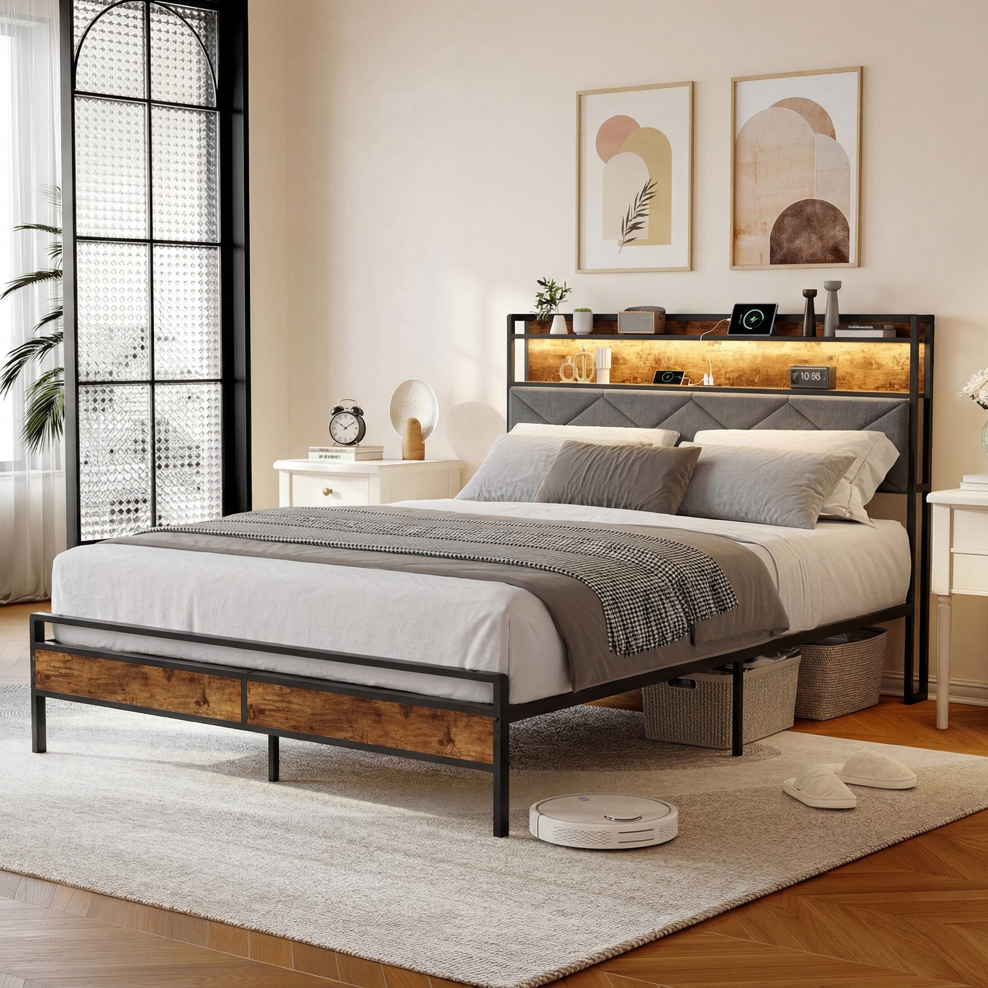 Simurq Jugendbett Metallbett,Doppelbett mit USB-Anschlüssen und LED,Bettrahmen (1-tlg), Bettgestell mit LED und Ladestation), Jugendbett,140x200 cm, Leinen