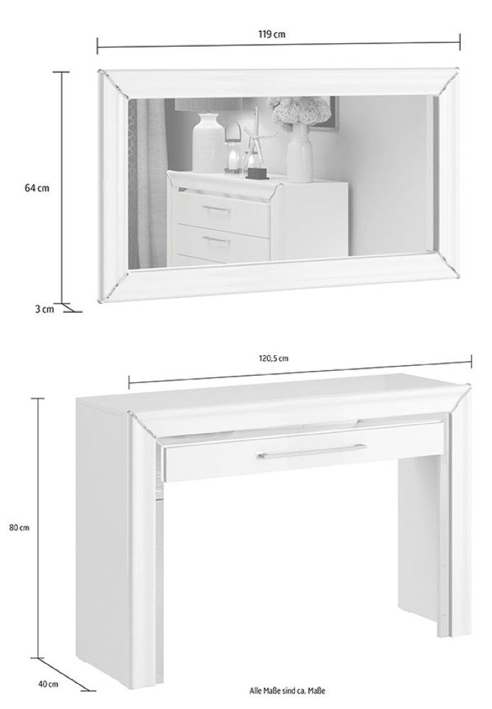 Helvetia Schminkschrank 120x40x80cm Ahlen Hochglanz weiß Silber Spiegelfolie (Ahlen, Schminktisch)