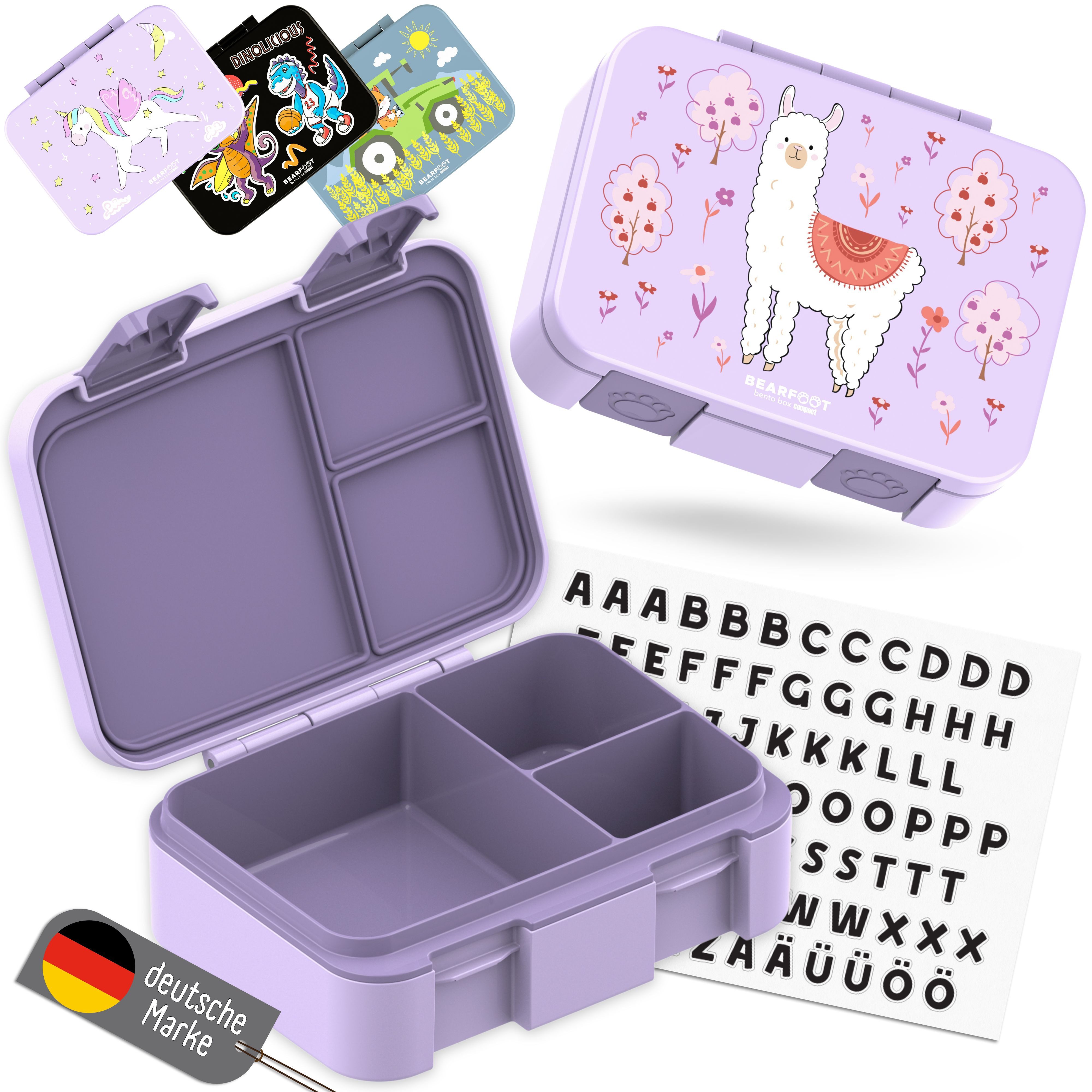 BEARFOOT Lunchbox Brotdose mit Fächern, leicht & auslaufsicher - Lama lila, PP, ABS, Silikon, Kindergarten und Schule - Mädchen und Jungen, Vesperbox, Snackbox