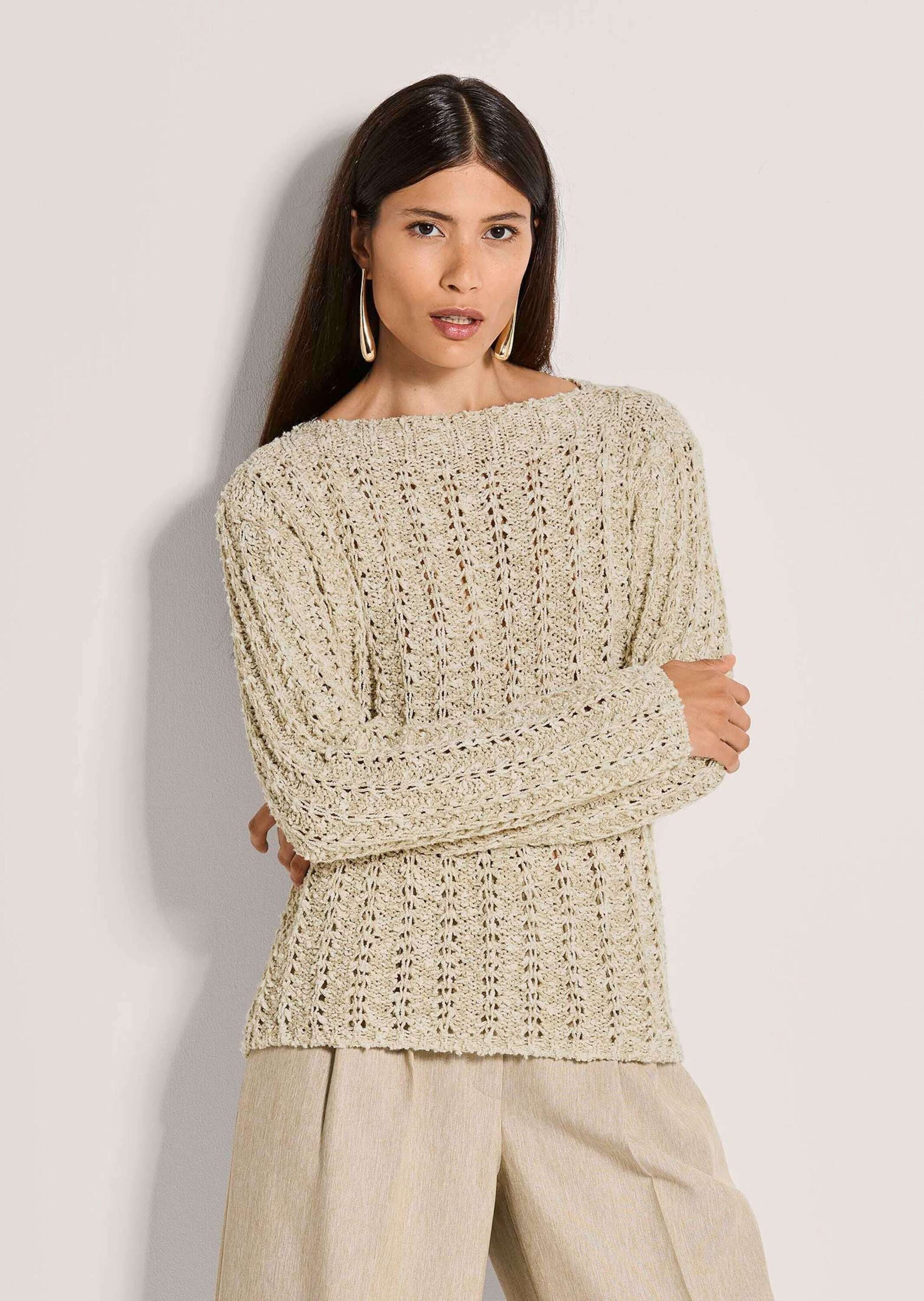 MADELEINE Strickpullover Baumwollpullover mit Rippenmuster Sommerpulli mit U-Boot-Ausschnitt, gerippten Abschlüssen und Langarm