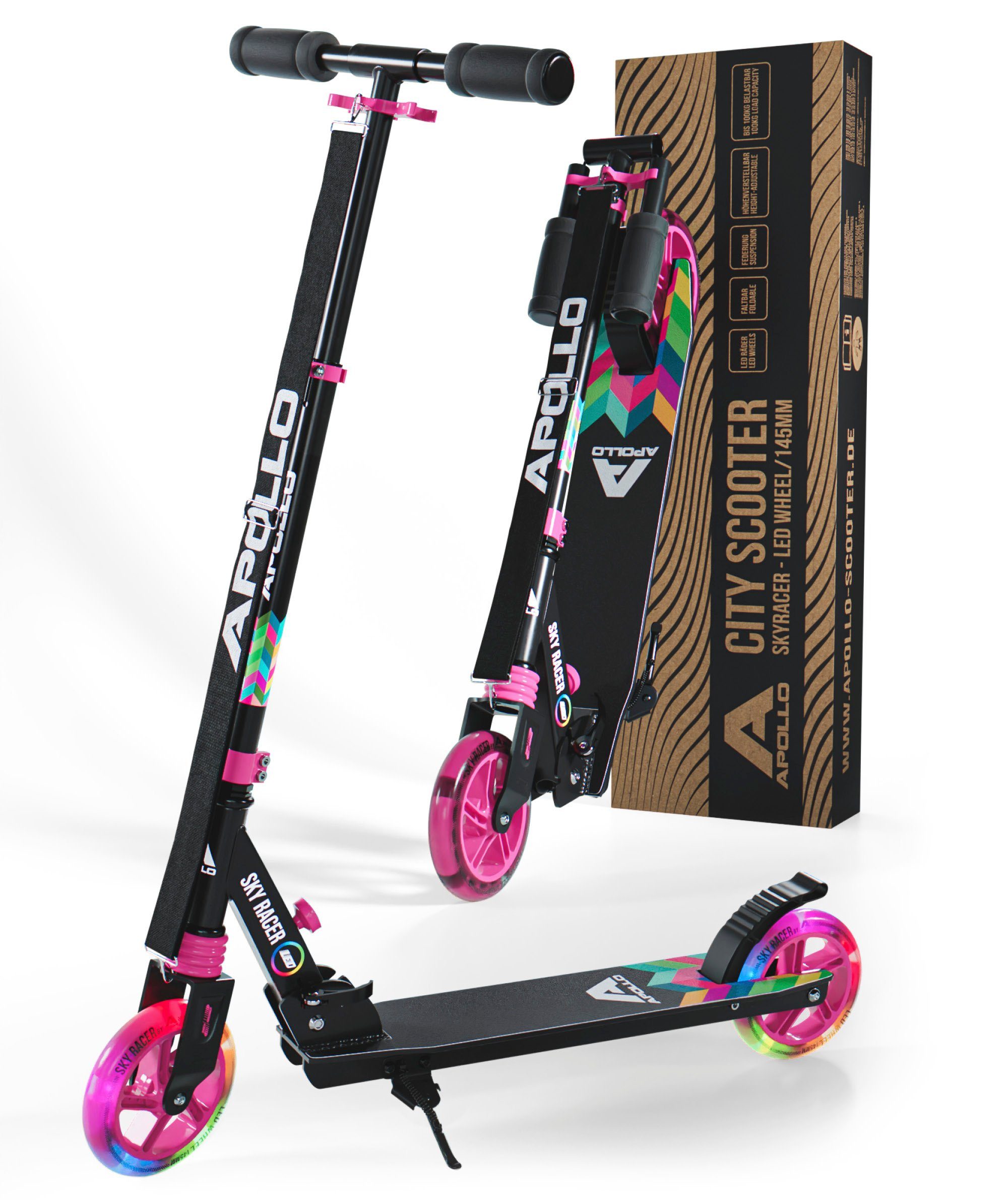 Cityroller Skyracer LED City Scooter Kinder, Tretroller mit Federung