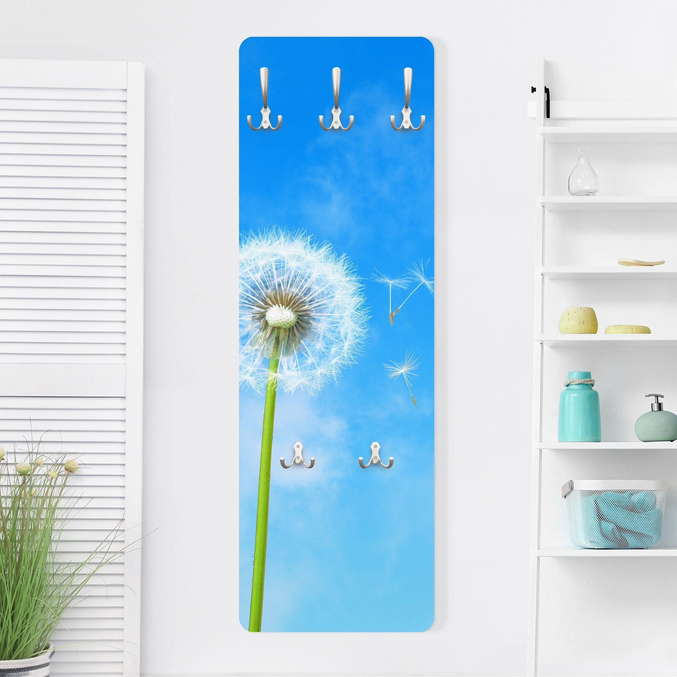 Bilderdepot24 Garderobenpaneel Design Blumen Floral Flying Seeds (ausgefallenes Flur Wandpaneel mit Garderobenhaken Kleiderhaken hängend), moderne Wandgarderobe - Flurgarderobe im schmalen Hakenpaneel Design