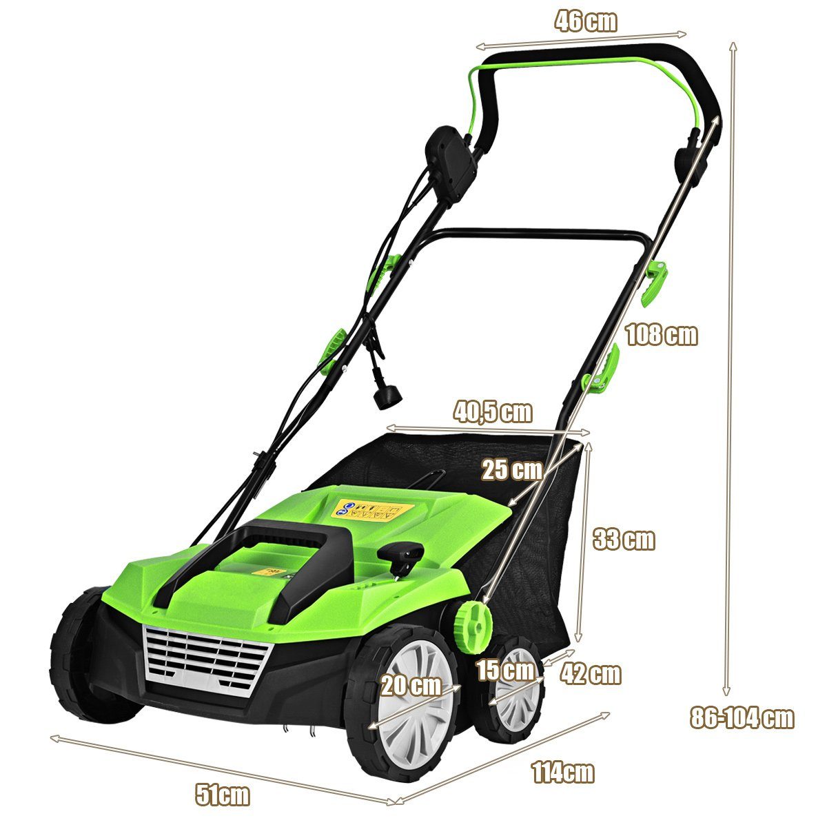 COSTWAY Elektro-Vertikutierer / Lüfter, 38,00 cm Arbeitsbreite, 2 Stufen, 45L