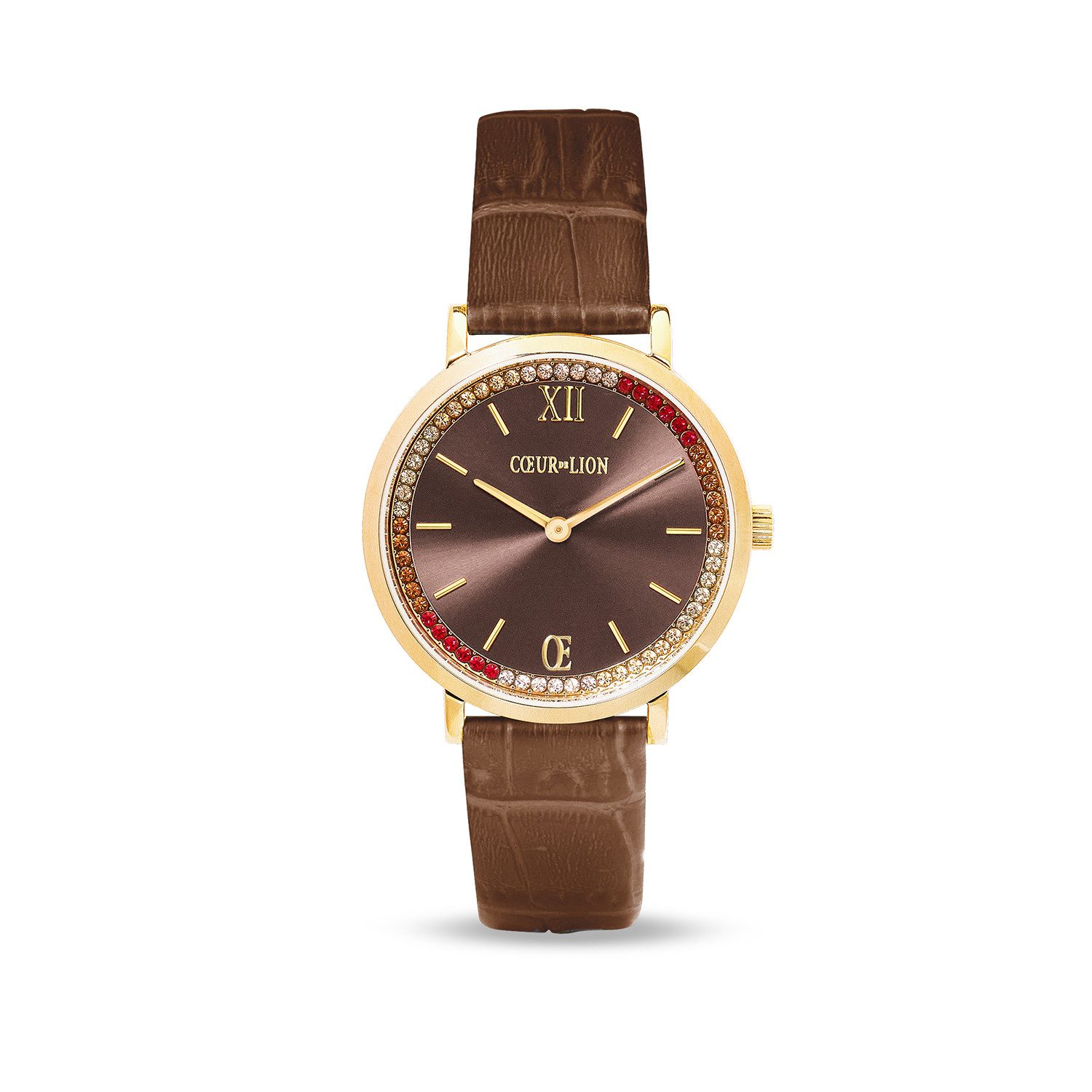 COEUR DE LION Quarzuhr Uhr Rund Sparkling Sunray Armband Leder Braun gold 7652/71-1611, Armbanduhr, Damenuhr, Lederarmband, analog, Swarovski®-Kristall