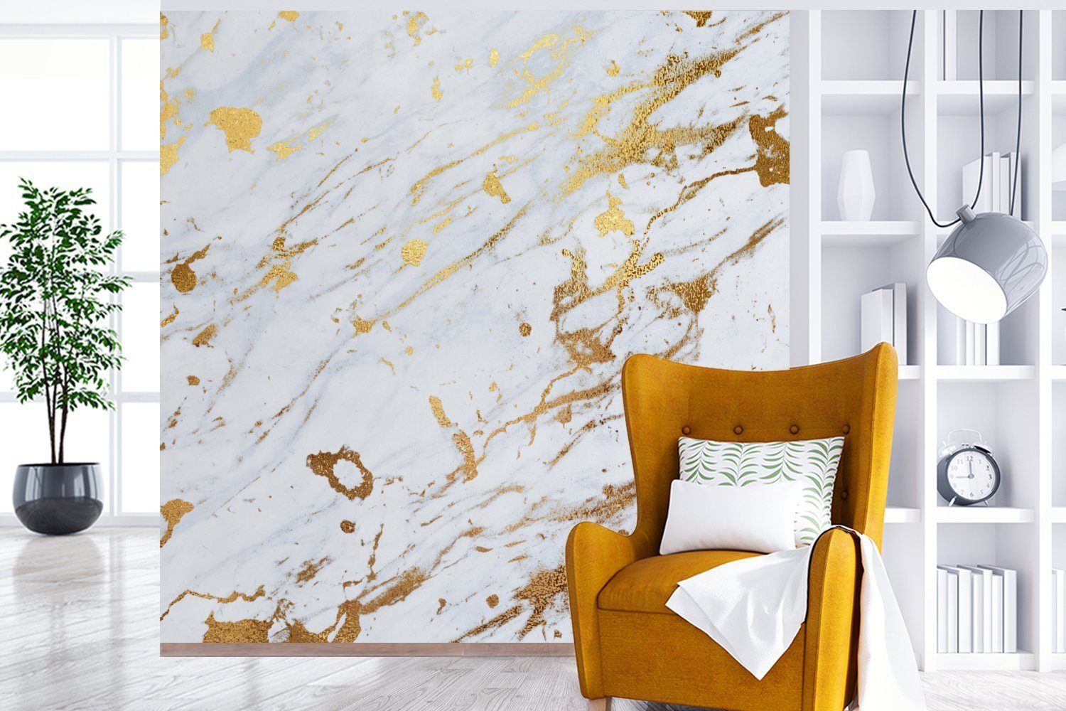 MuchoWow Fototapete Wohnzimmer Marmor bedruckt, Weiß, für Schlafzimmer, (5 oder Wandtapete Vinyl Muster - St), - - Gold Tapete Matt