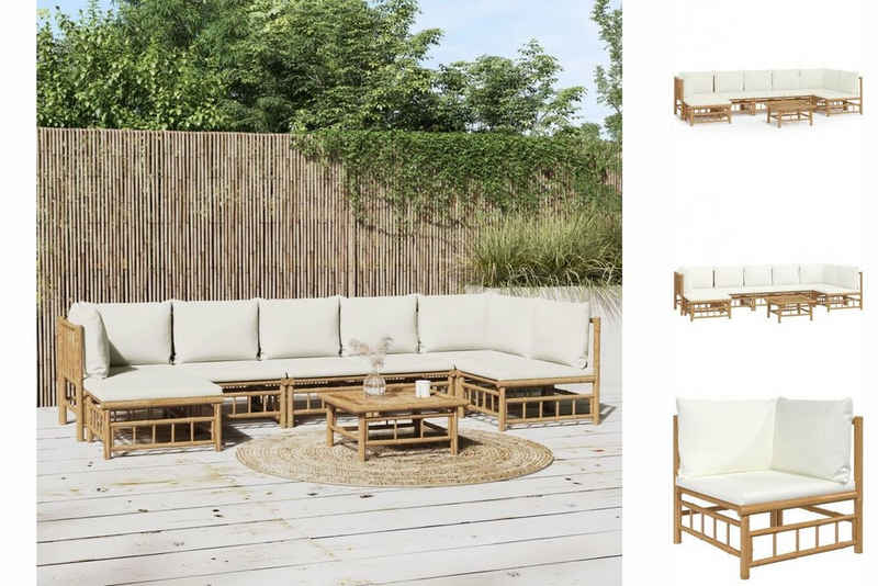 vidaXL Garten-Essgruppe 8-tlg Garten-Lounge-Set mit Cremeweißen Kissen Bambus