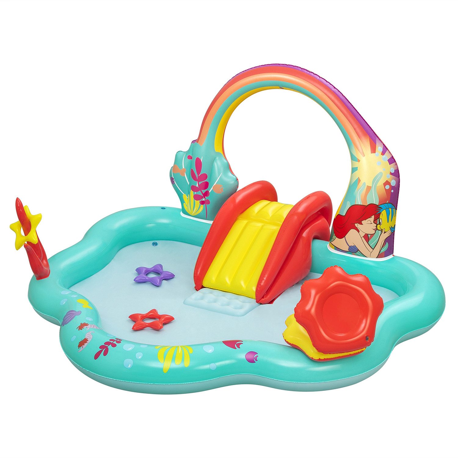 Bestway Planschbecken Little Mermaid, (Packung, Inkl. Rutsche, integrierten Wassersprinkler), 221 x 193 x 117 cm