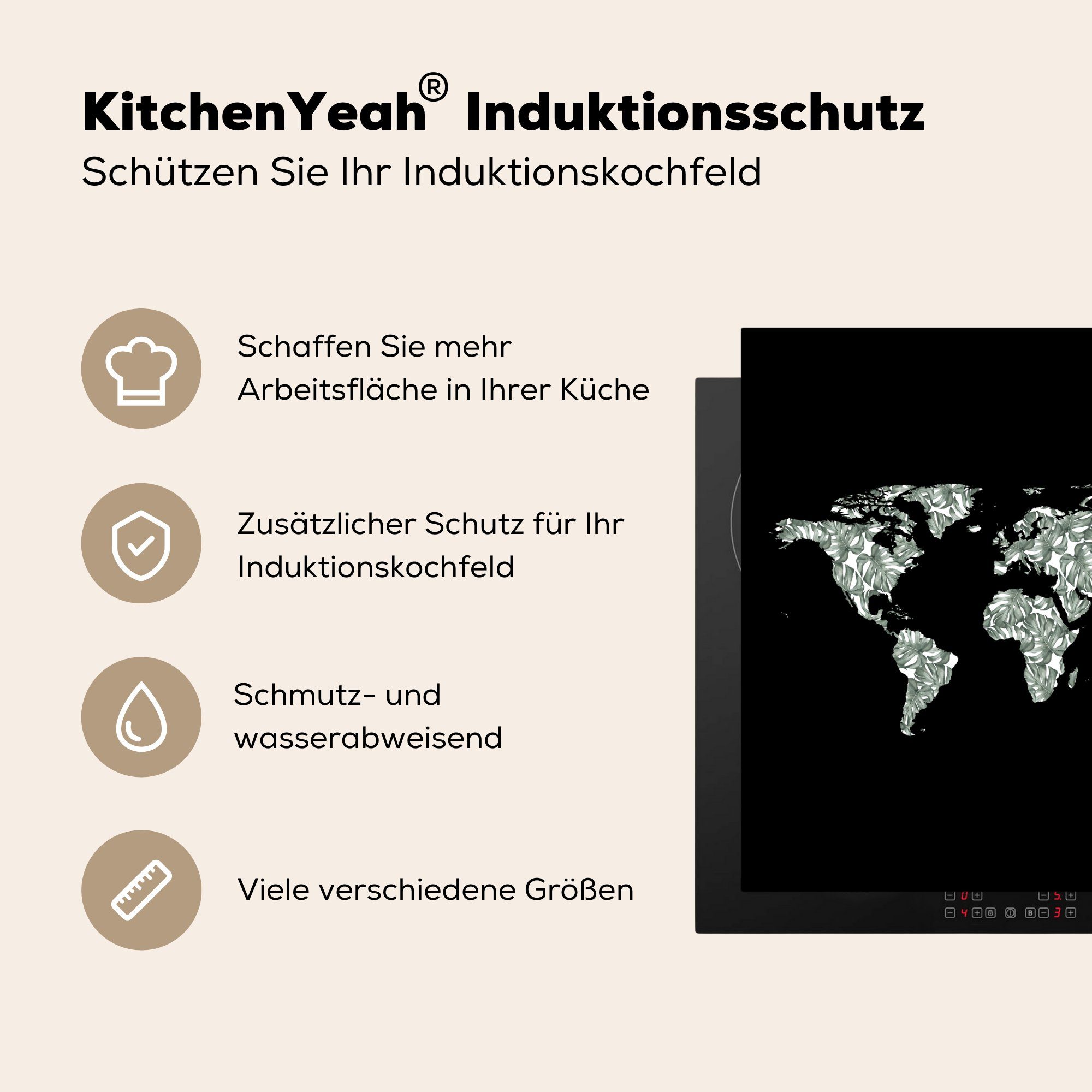 MuchoWow Herdblende-/Abdeckplatte Weltkarte - - Schwarz, tlg), Pflanzen Vinyl, Arbeitsplatte Ceranfeldabdeckung, (1 78x78 cm, für küche