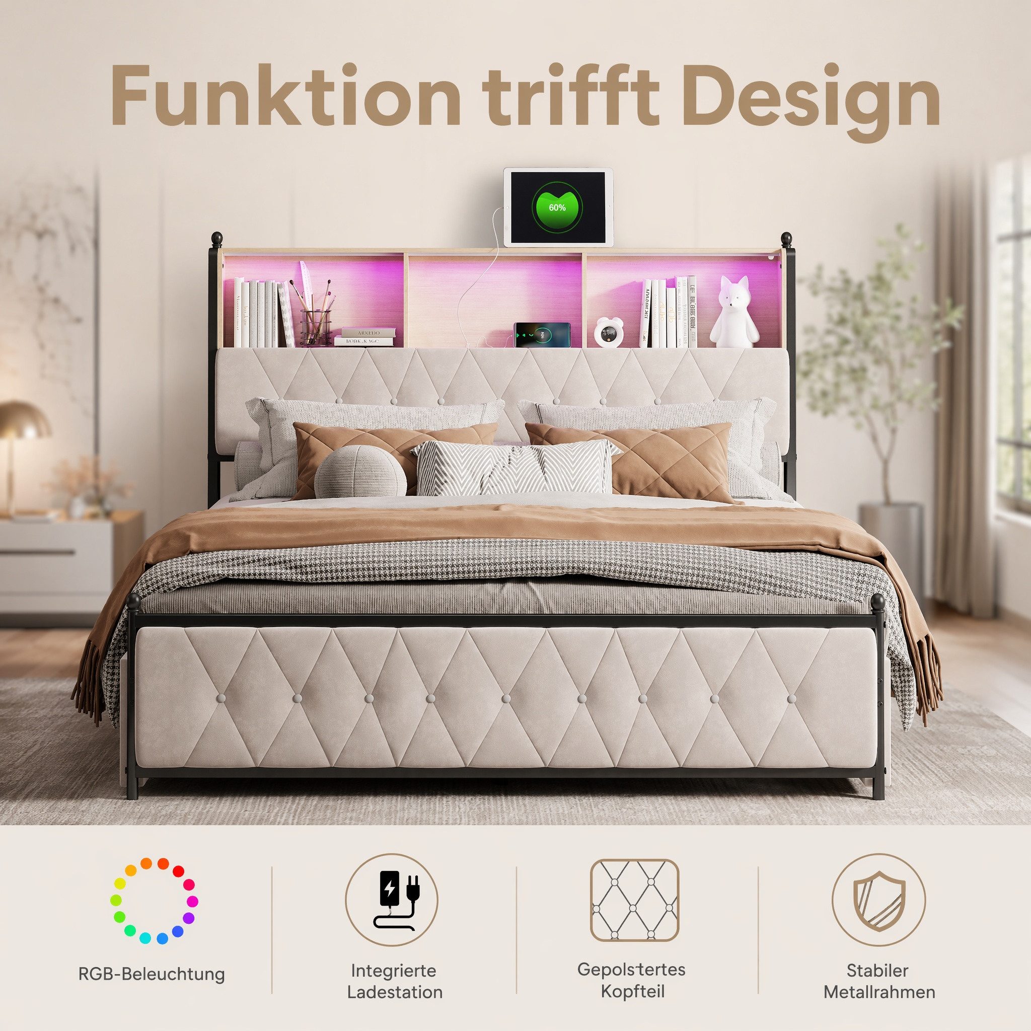 PXloue Polsterbett Doppelbett 180x200 mit LED Licht und Ladefunktion (Mit Lattenrost und Ladefunktion, Samtmaterial Stauraumbett), Modernes Jugendbett, mit Bett – Bild 3 von 5