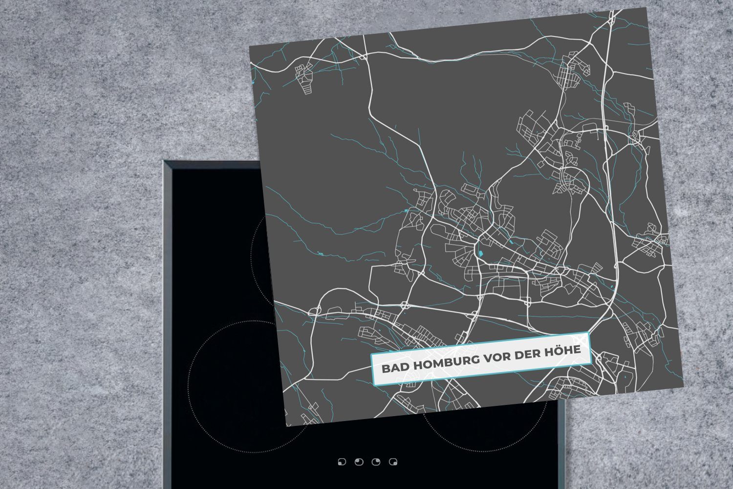 cm, tlg), 78x78 für vor Vinyl, Karte - Blau Arbeitsplatte - (1 Homburg küche Bad - der Ceranfeldabdeckung, MuchoWow Deutschland, Stadtplan - Herdblende-/Abdeckplatte Höhe