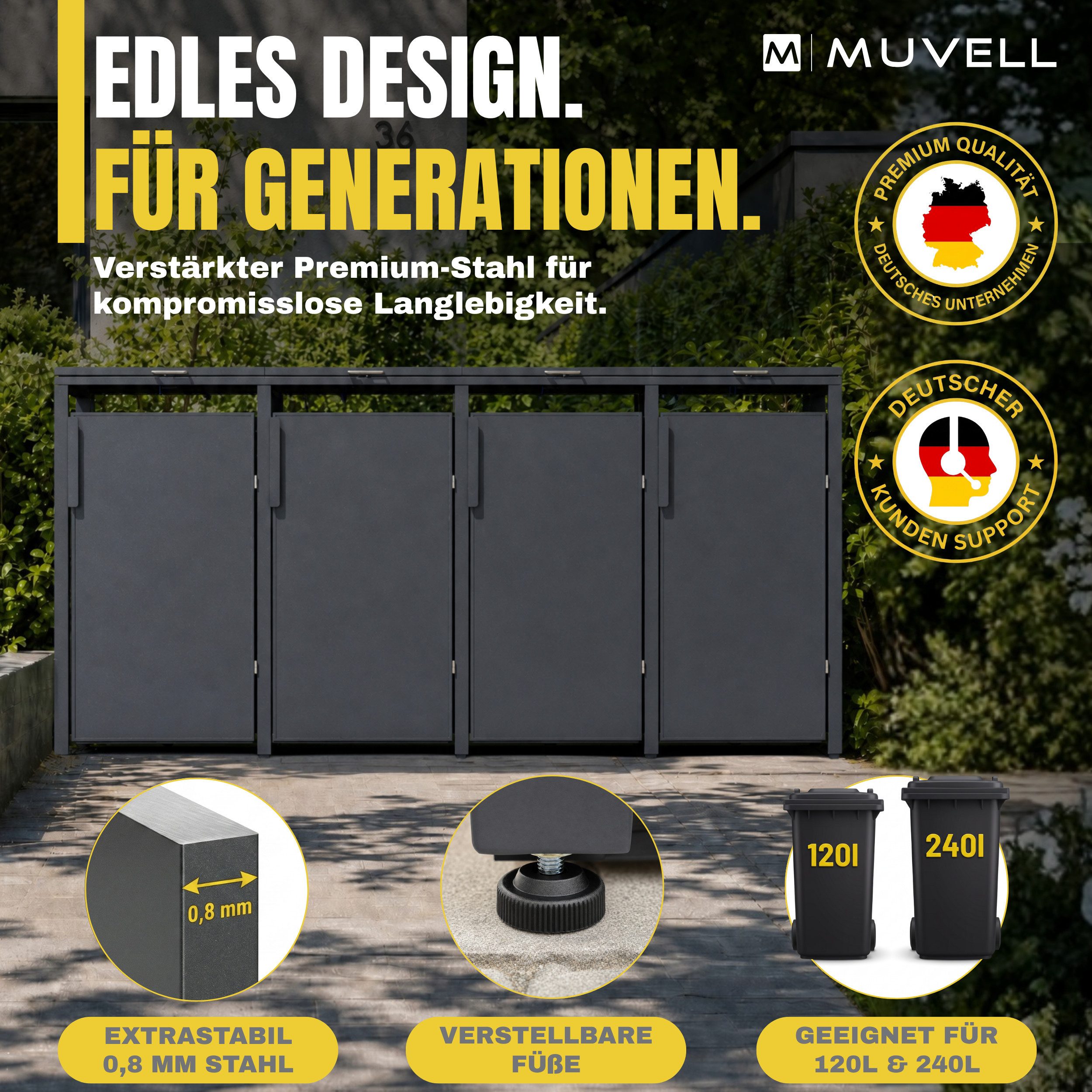MUVELL Mülltonnenbox 4er Set 120l / 240l Mülltonnenverkleidung wetterfest ALEX (MTB4A - Outdoor Schrank wetterfest, 4 St., Mülltonnengehäuse), feuerverzinkt, pulverbeschichtet, rost- & UV-, korrosionsbeständig
