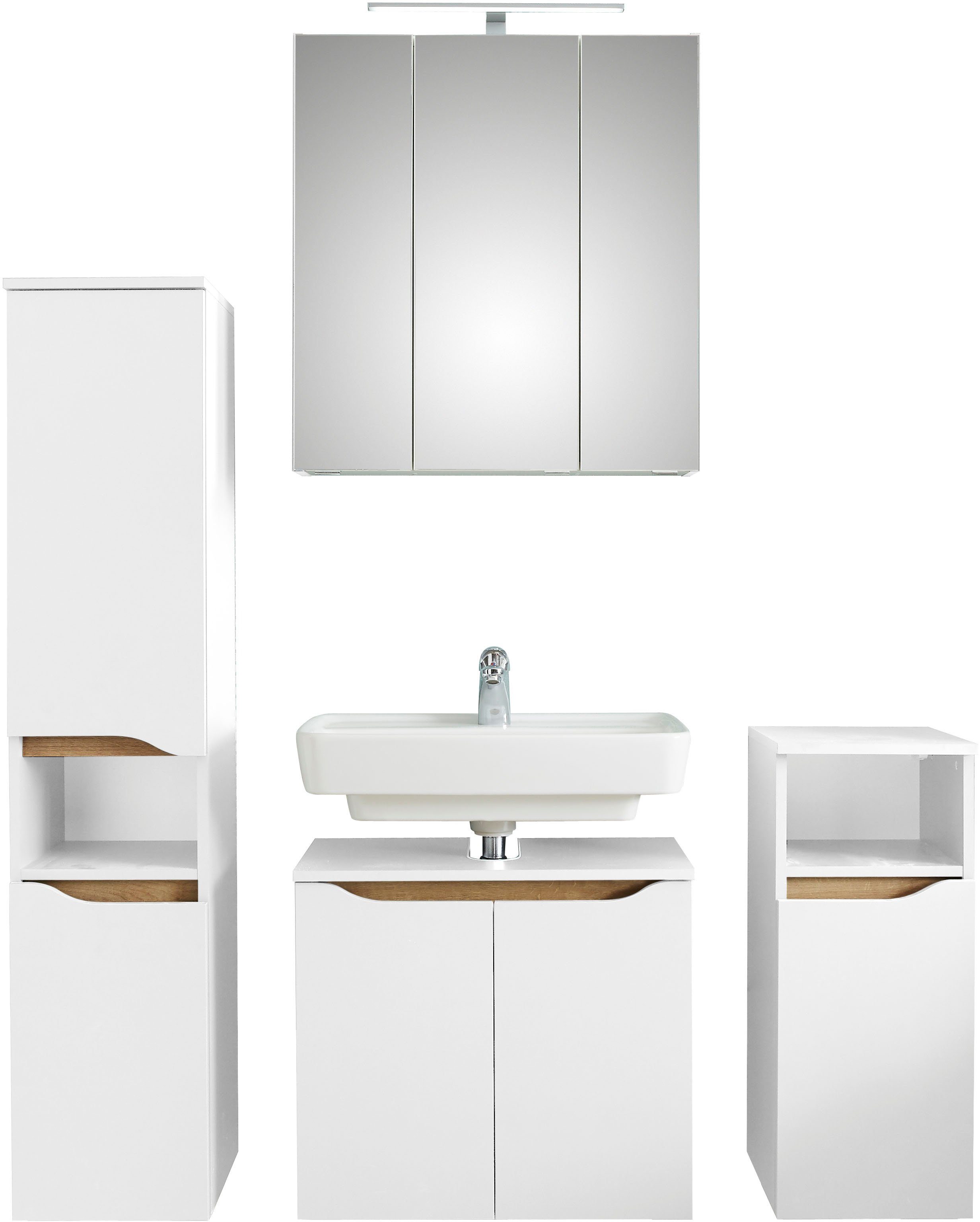 Badmöbel-Set Quickset 4-teilig, Waschbeckenunterschrank mit LED-Spiegelschrank
