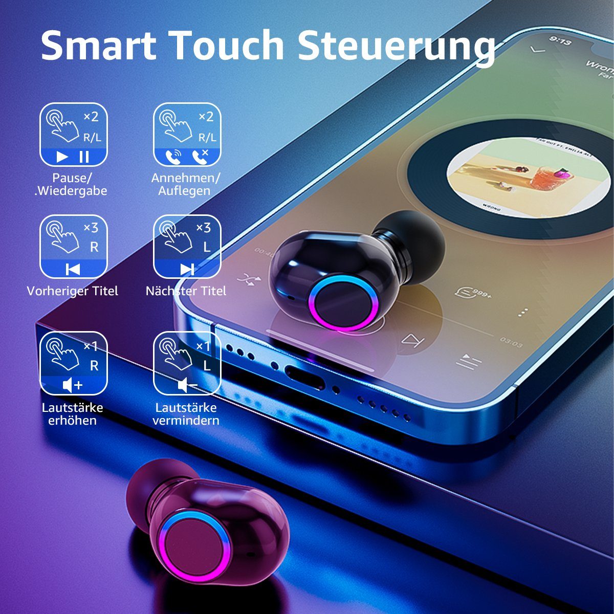 Control) Immersiver Greensky Rauschunterdrückung, Anzeige, Bluetooth-Kopfhörer LED Bluetooth (Siri, Touch In-Ear-Kopfhörer HiFi Assistant, 5.2 Earbuds Ohrhörer, Wireless Voice True