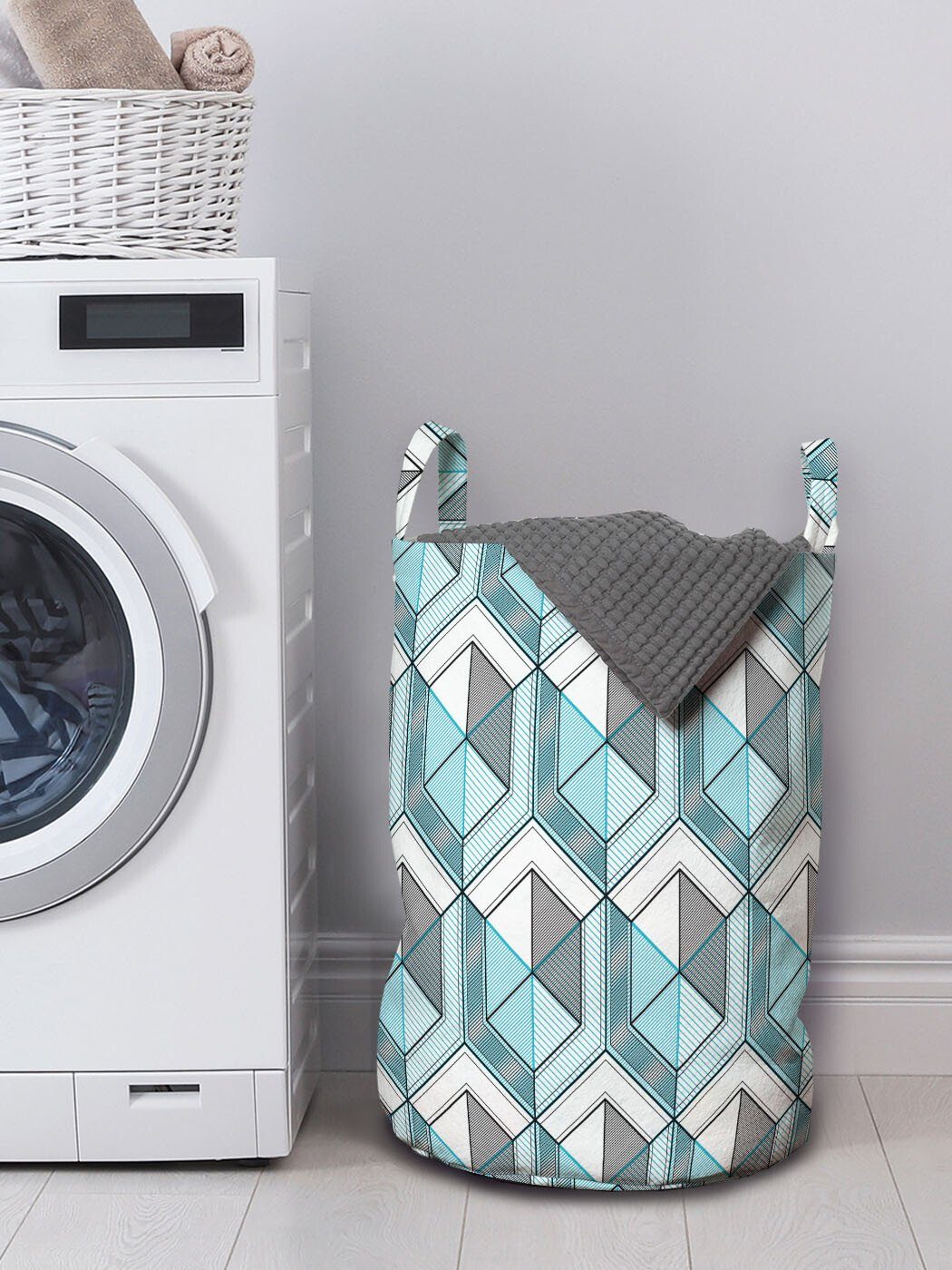 Geometrisch mit Abakuhaus für Wäschekorb Griffen Waschsalons, Kordelzugverschluss Streifen-Design Hexagons Wäschesäckchen