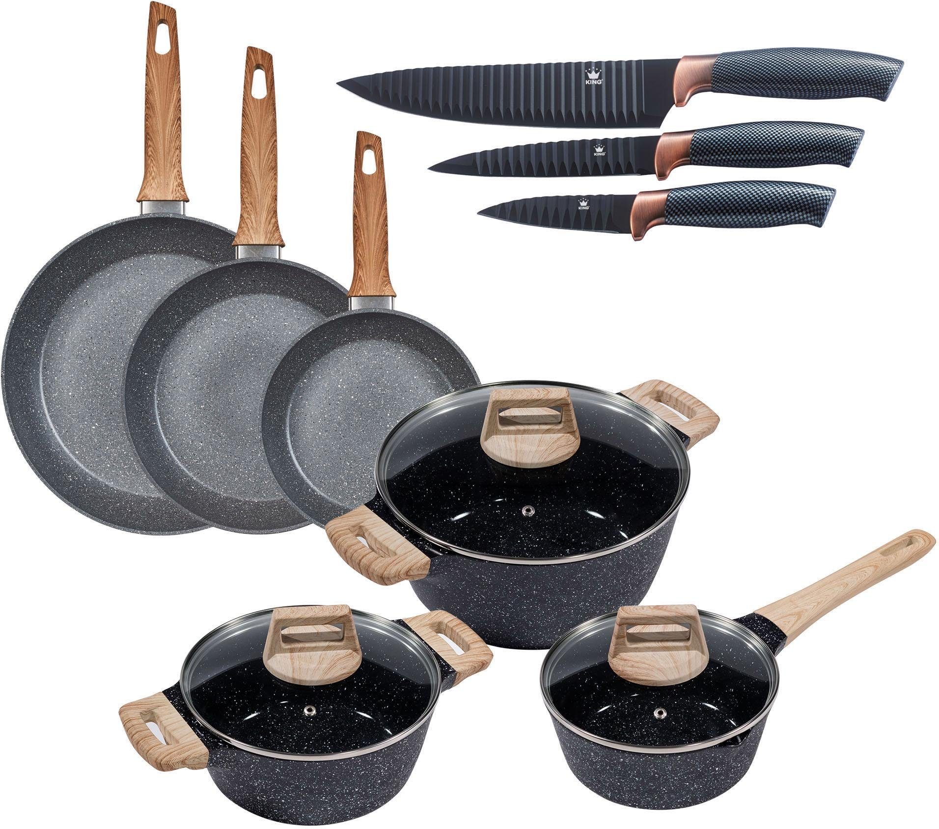 KING Topf-Set Essential, Aluminium (Set, 12-tlg., 3 Töpfe, 3 Deckel, 3 Pfannen, 3 Küchenmesser), Induktion