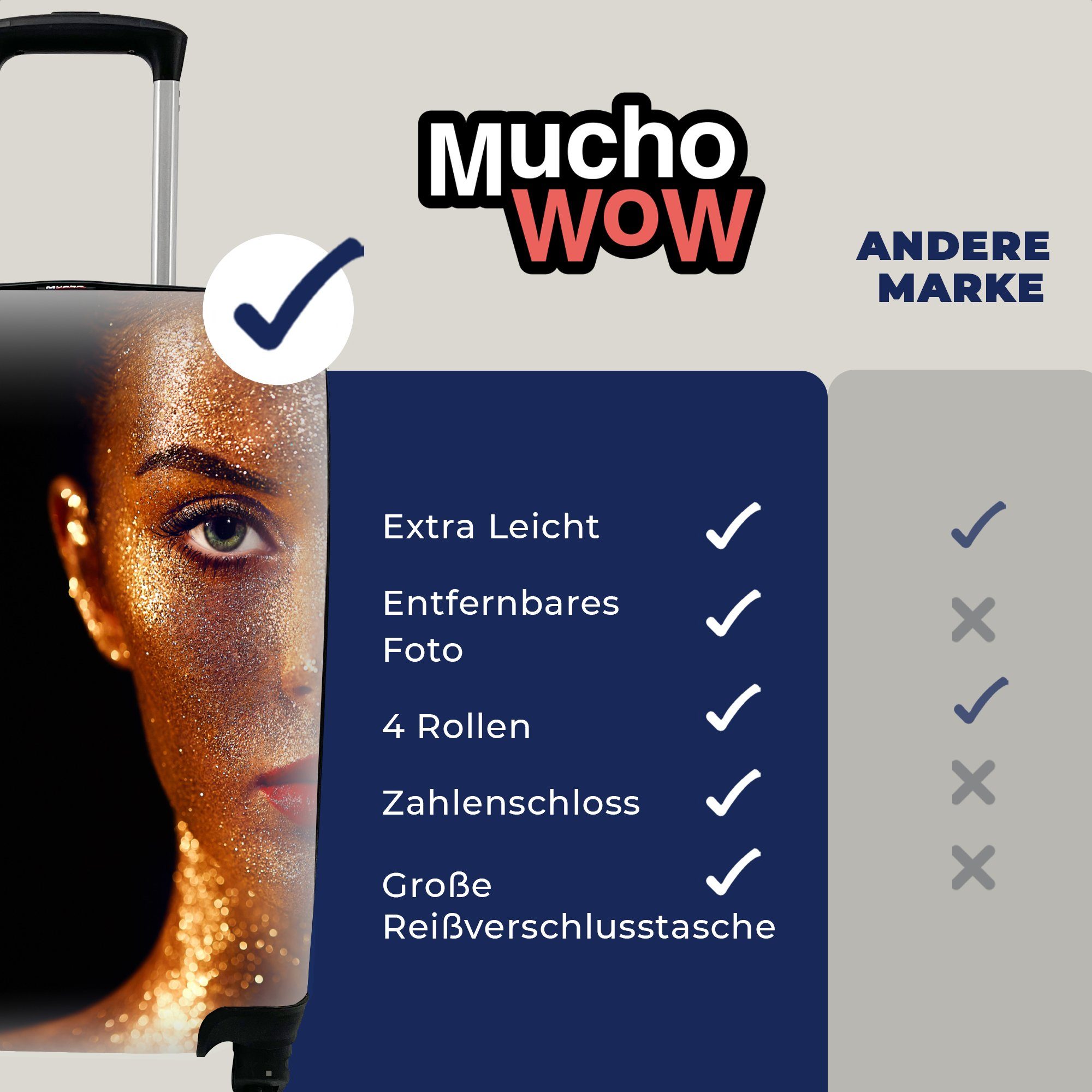 MuchoWow Handgepäckkoffer Make-up - Gold - Kunst, 4 Luxus rollen, - mit Handgepäck Trolley, Frau Reisekoffer Ferien, Rollen, für - Glitzer - Reisetasche