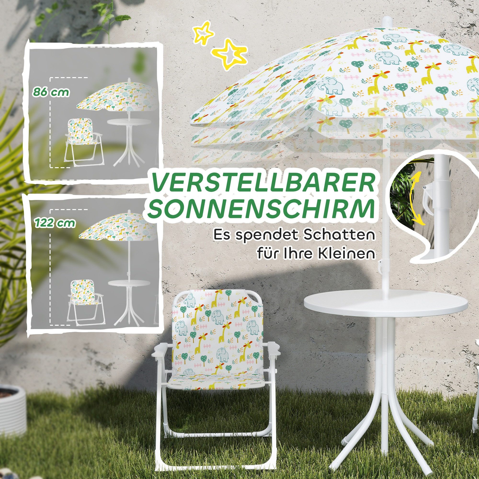 AIYAPLAY Garten-Kindersitzgruppe Sitzgruppe Outdoor Gartenmöbel für Strand, (Kindertisch mit 2 Klappstühlen, 4-tlg., Kindersitzgarnitur), für Kinder 2-5 Jahre,  – Bild 5 von 5