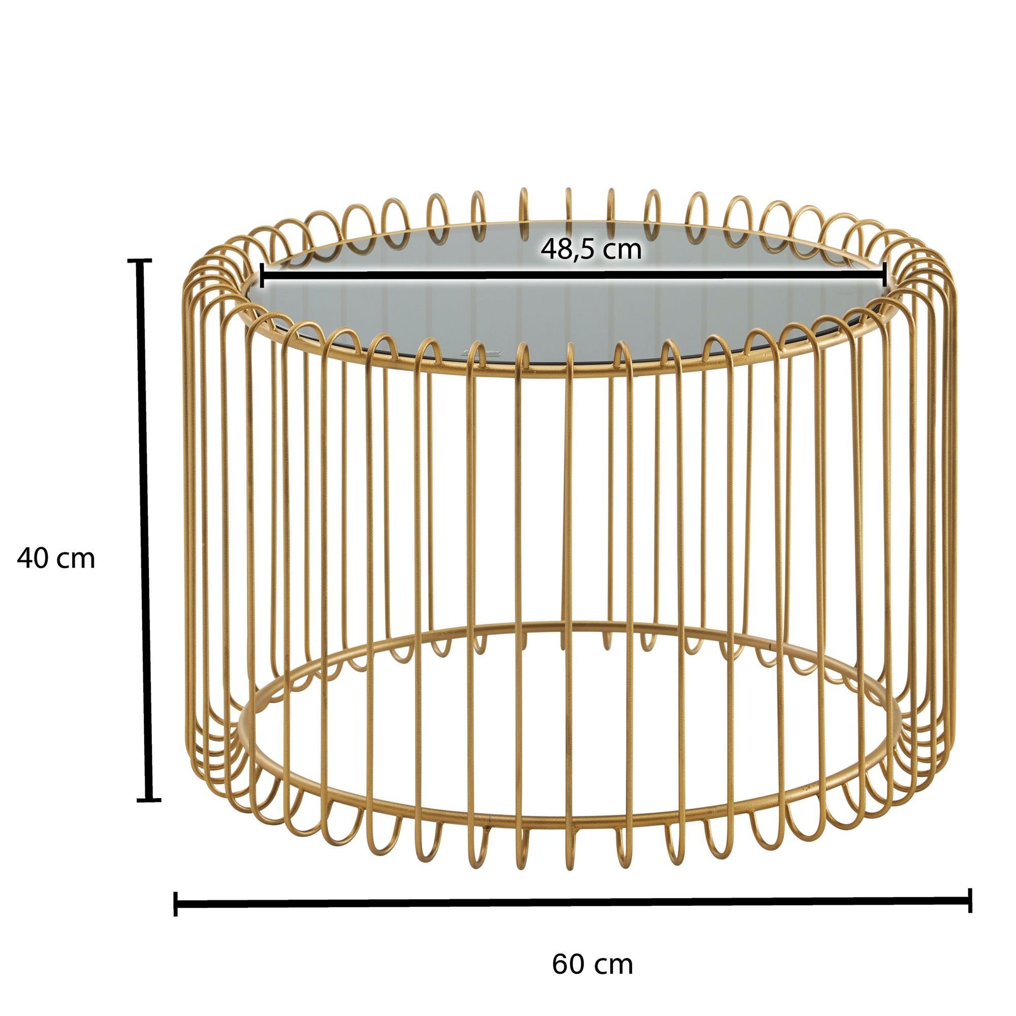 Tisch Rund), WL6.685 Wohnzimmertisch Sofatisch Gold, (60x60x40 Wohnling Wohnzimmer Metall cm Korbtisch, Couchtisch Glas