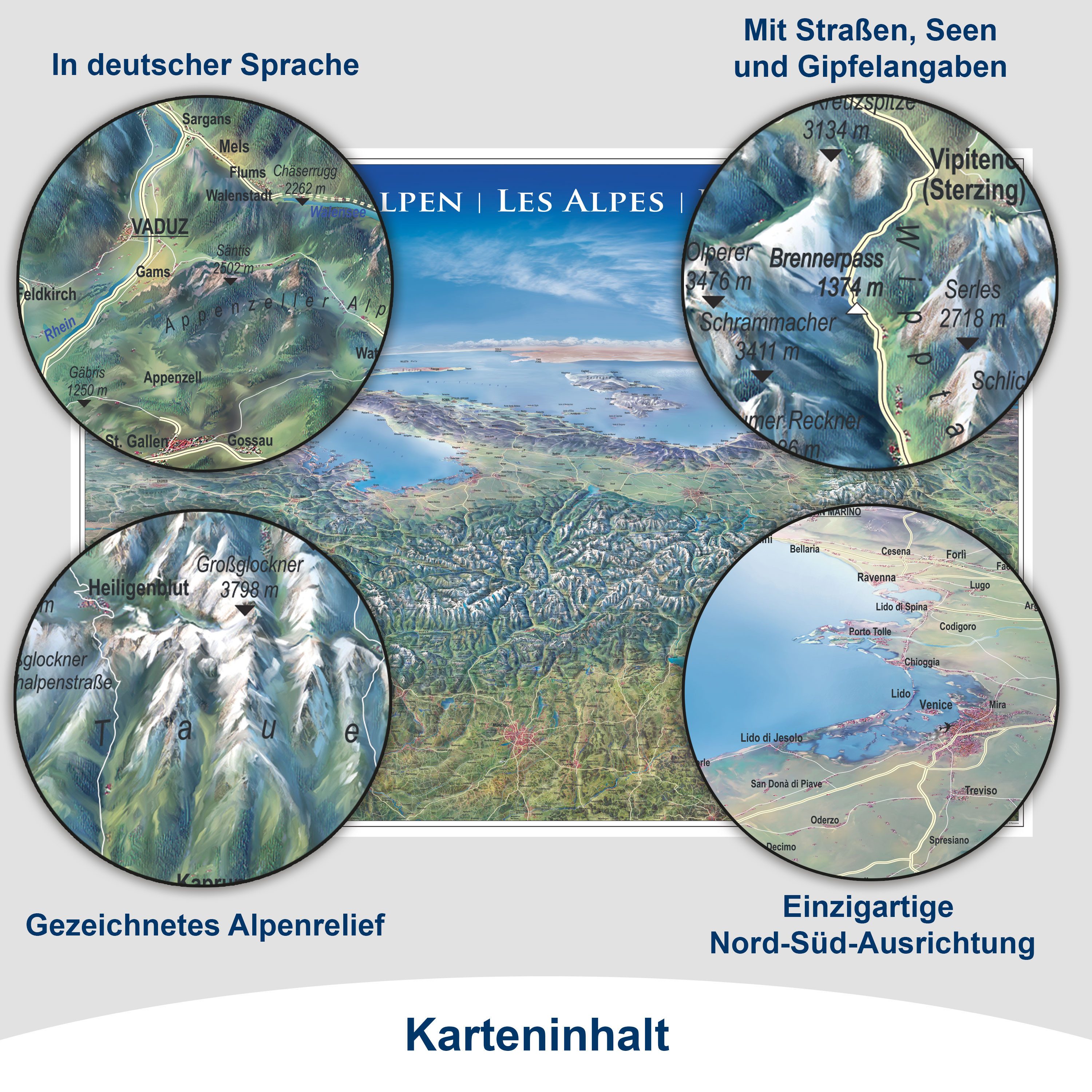 Interkart Landkarten & Globen GmbH Poster Alpen Karte XL - Panorama Karte Alpen - Gezeichnetes Relief - Deutsch, Poster, Wandbild