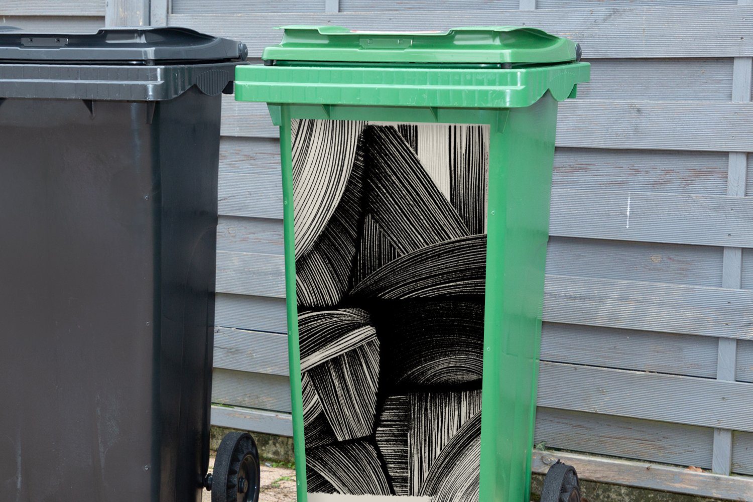 Mülltonne, MuchoWow (1 Mülleimer-aufkleber, - St), - Wandsticker Schwarz Linien Abstrakt Container, Abfalbehälter Weiß - Sticker,
