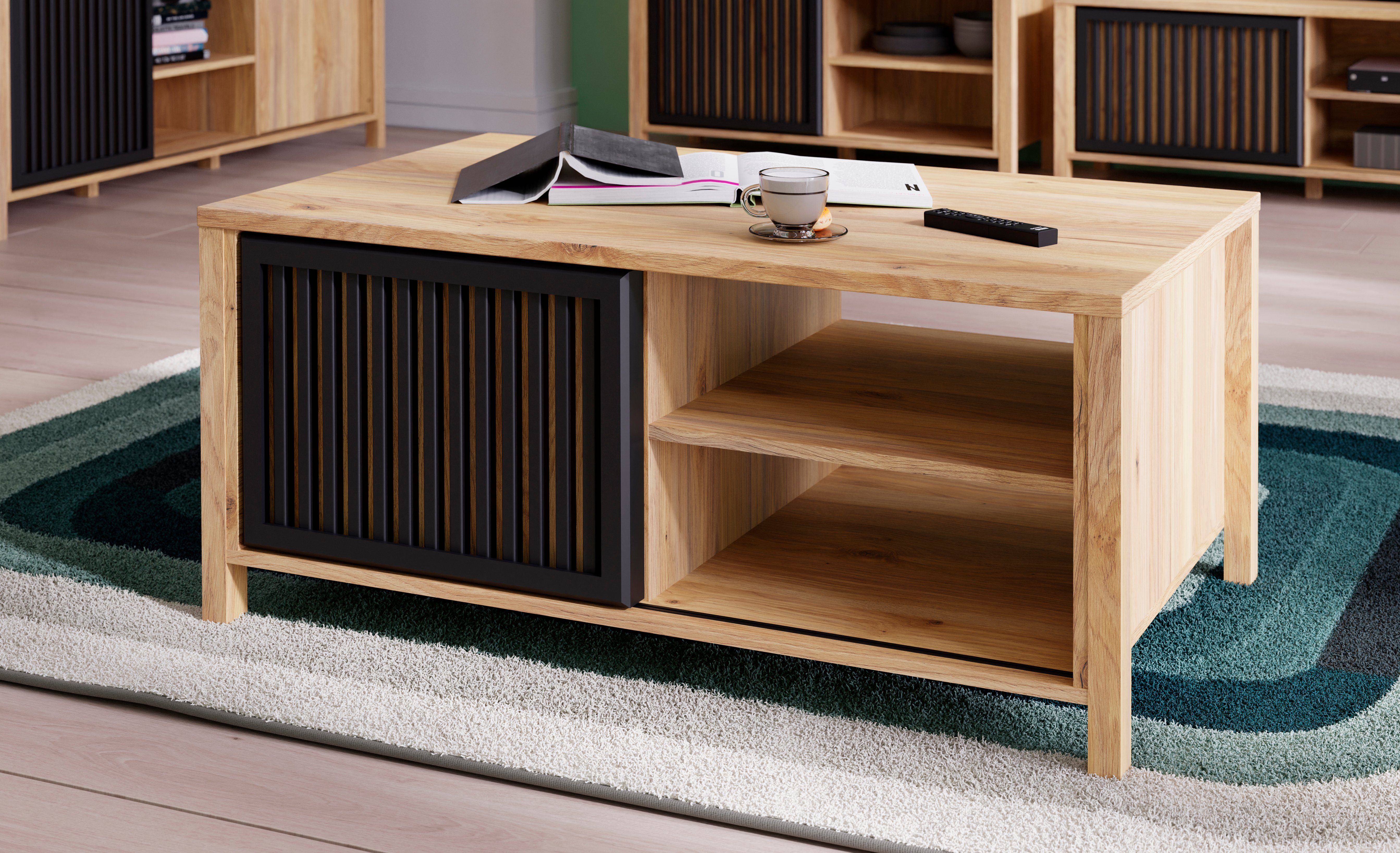 FORTE Couchtisch Jytana, Breite 105,5 cm, Schiebetüren in Lamellenoptik, Mauvella Eiche/Schwarz